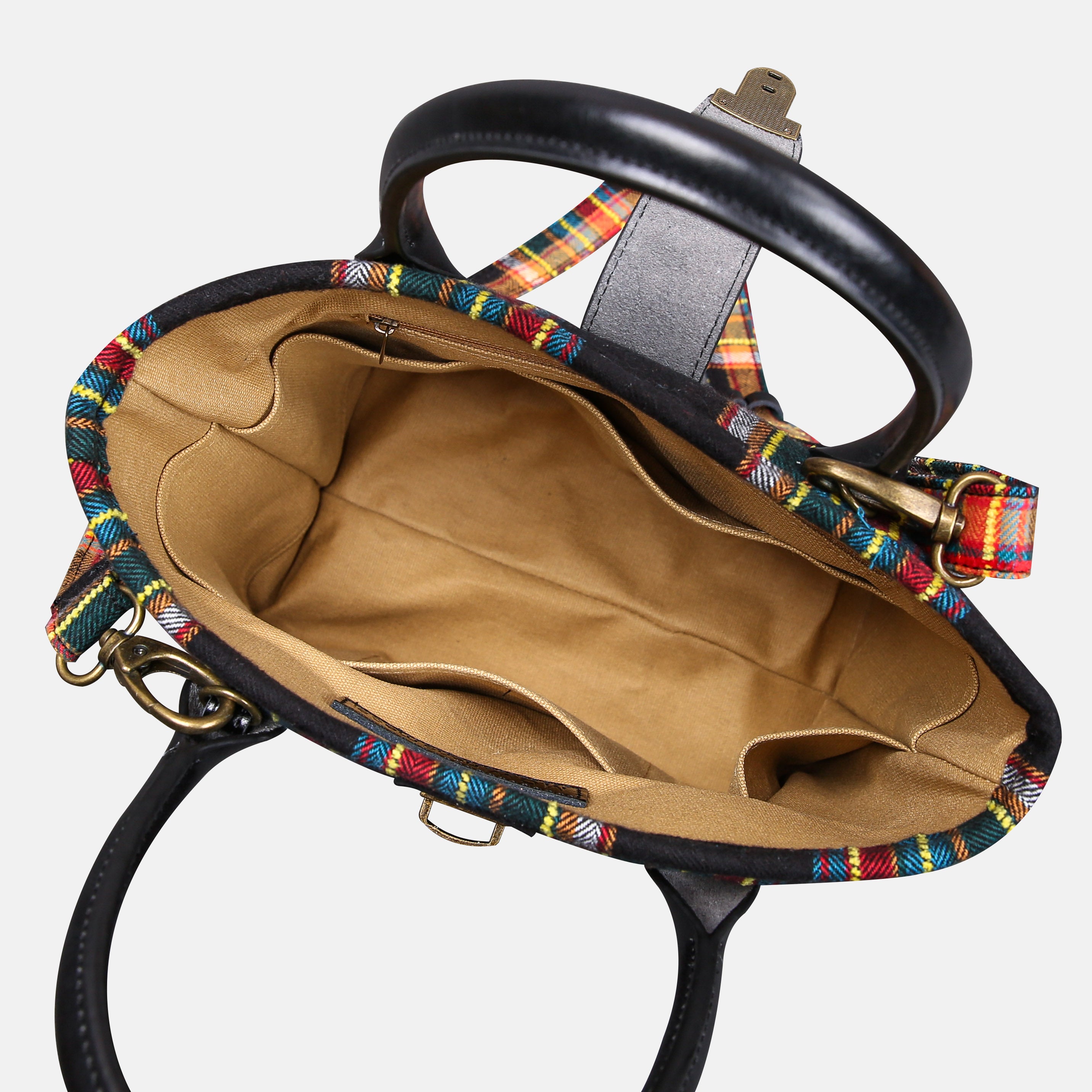 Tartan Stewart Black Tuck Lock Carpet Satchel carpet bag MCW Handmade of America inside