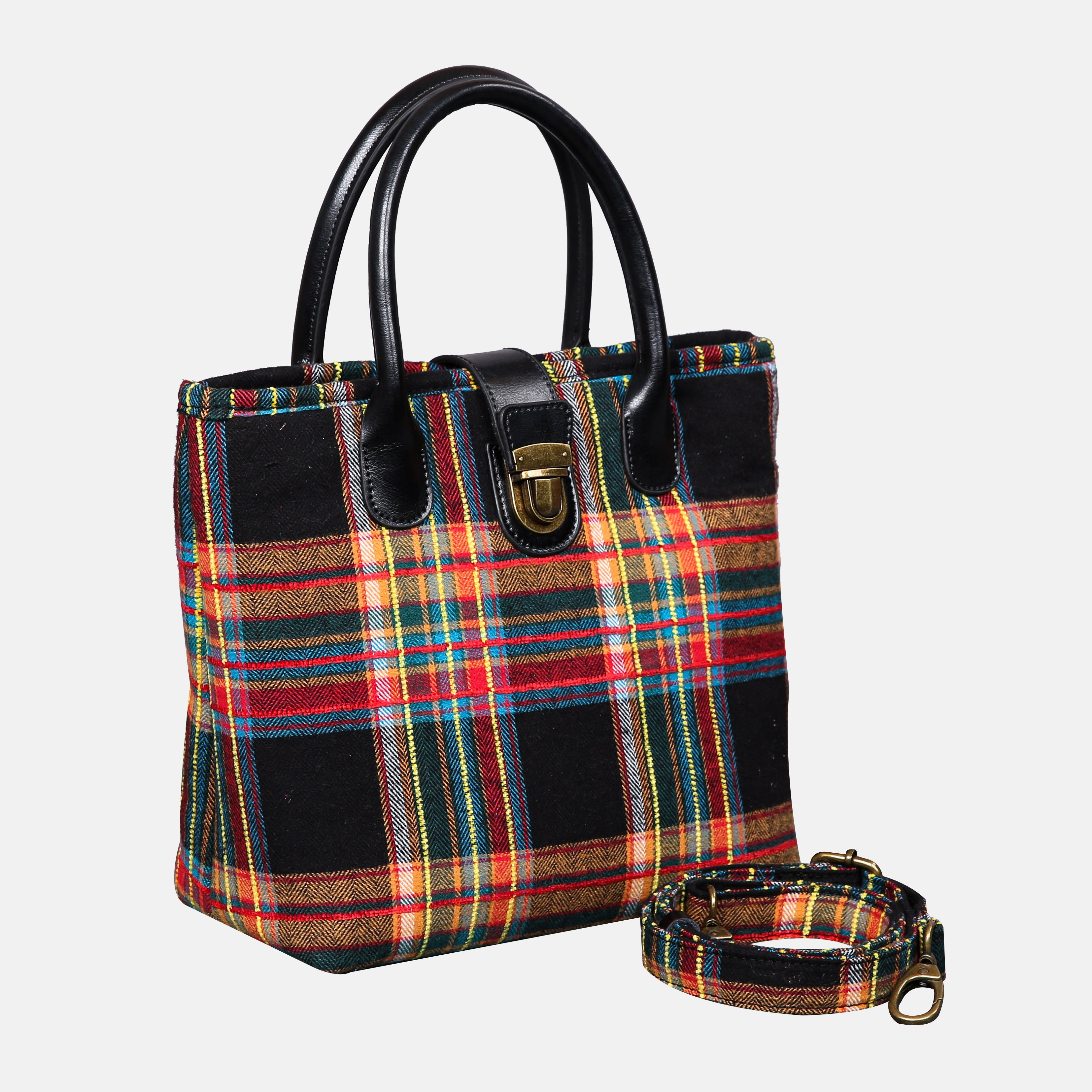 Tartan Stewart Black Tuck Lock Carpet Satchel carpet bag MCW Handmade of America with strap