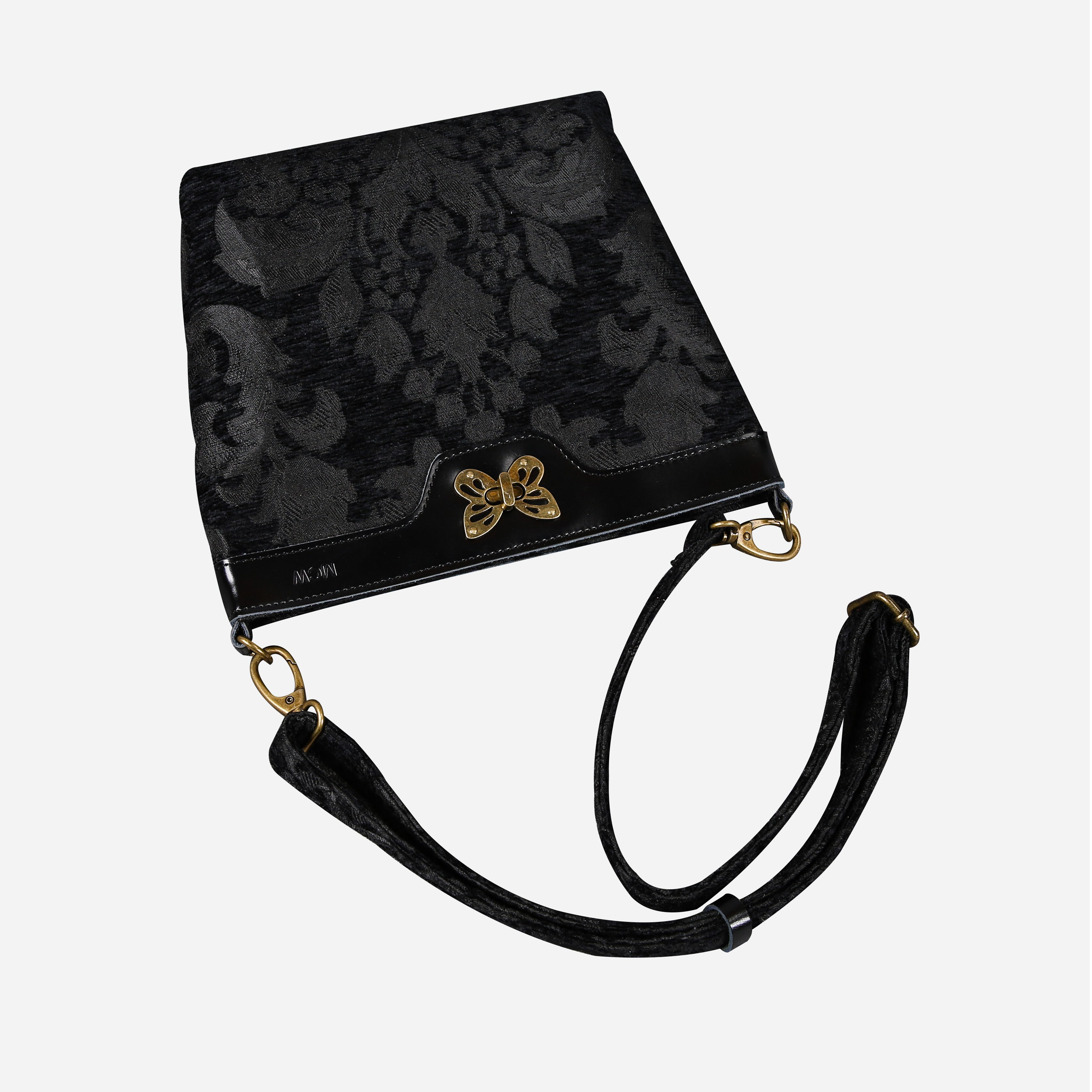 Victorian Blossom BLK/BLK Carpet Crossbody Bag carpet bag MCW Handmade of America lay flat