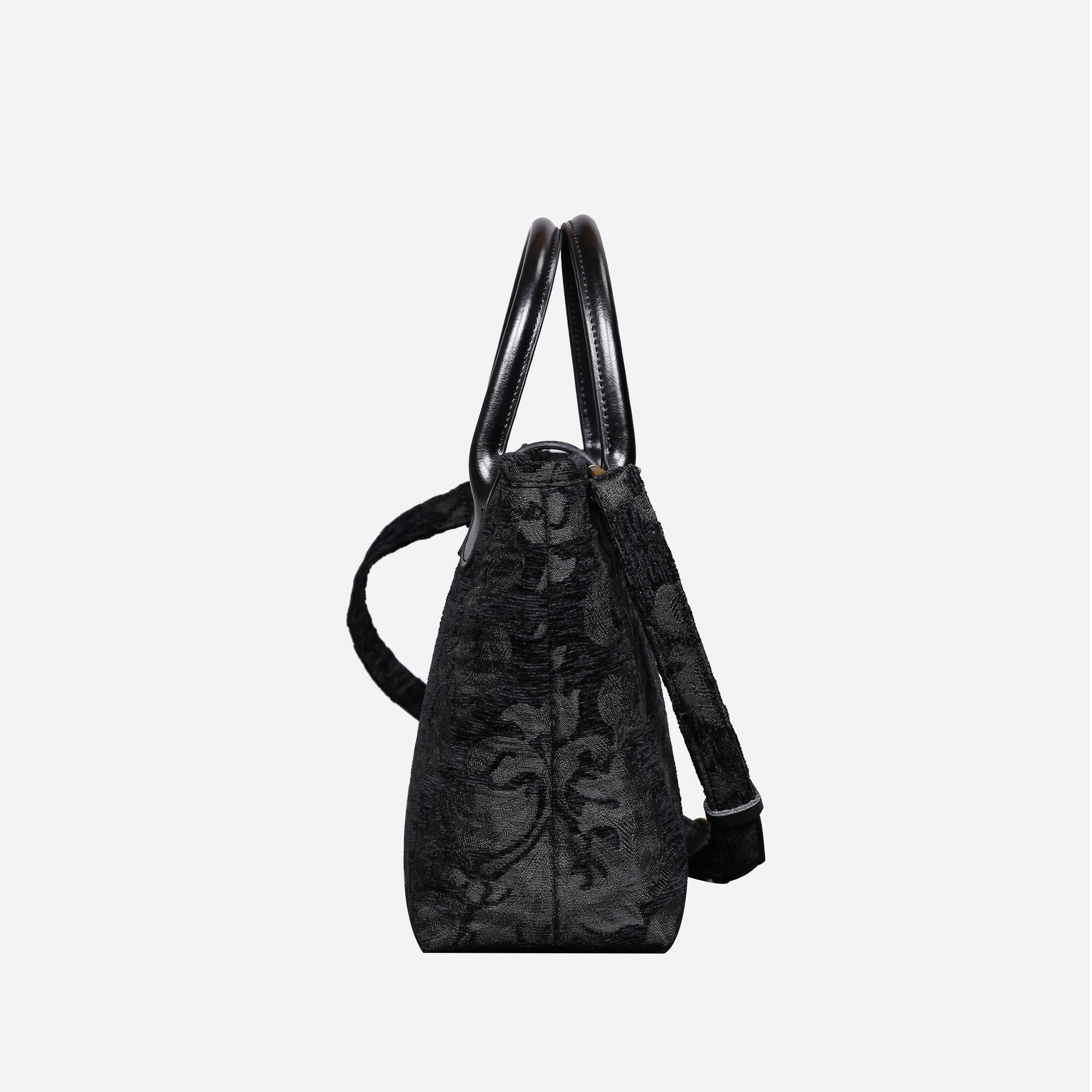 Victorian Blossom Black/Black Tuck Lock Carpet Satchel carpet bag MCW Handmade of America side