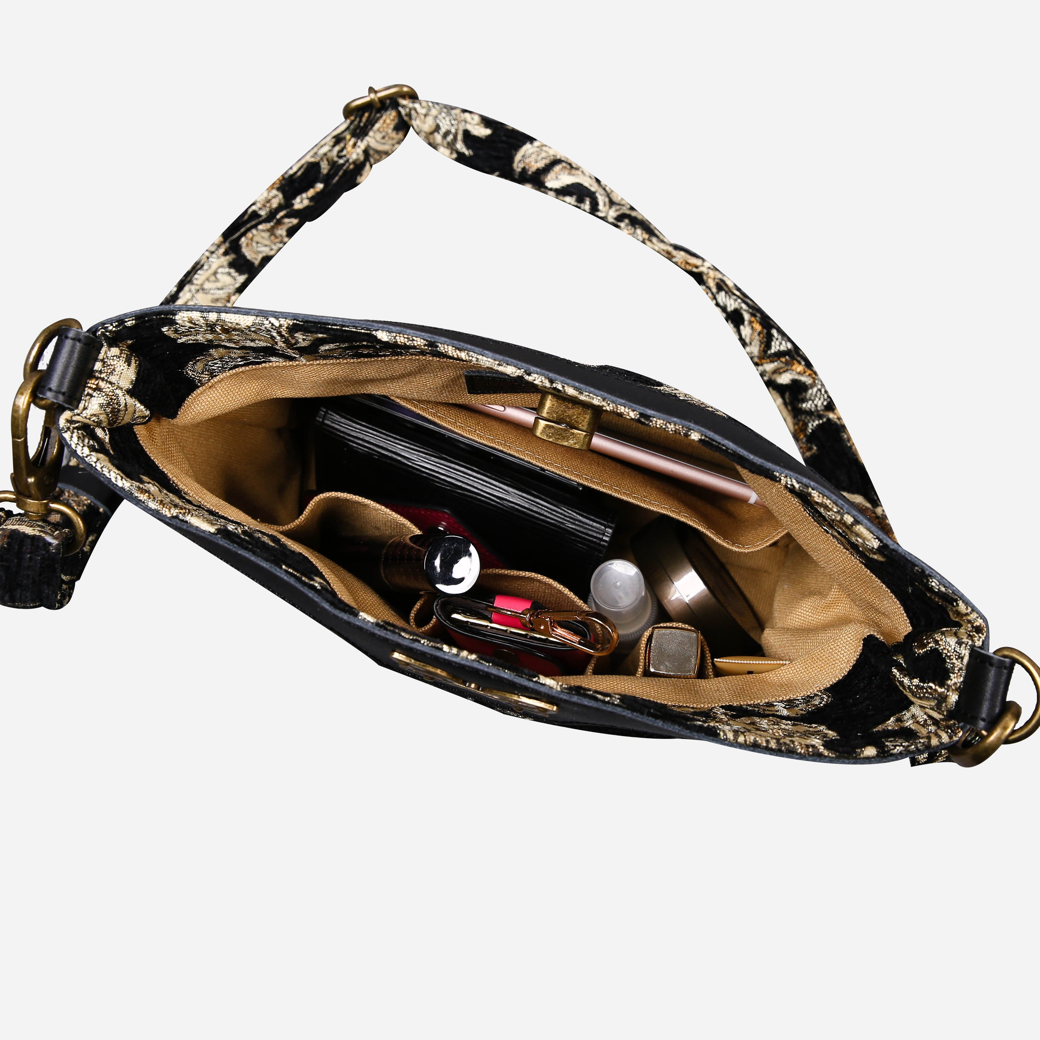 Victorian Blossom BLK-GOLD Carpet Crossbody Bag carpet bag MCW Handmade of America in use