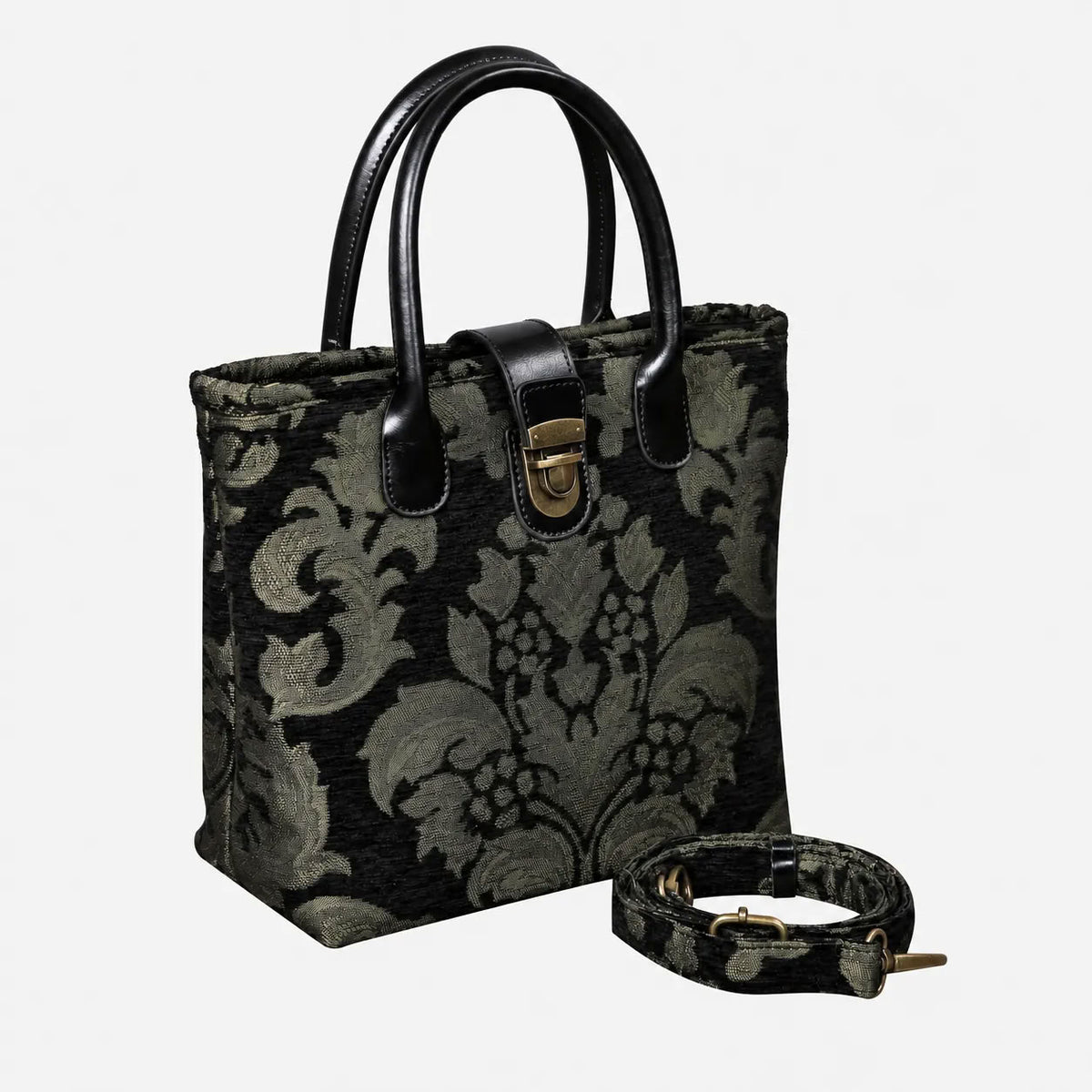 Victorian Blossom Black/Green Tuck Lock Carpet Satchel carpet bag MCW Handmade of America with strap