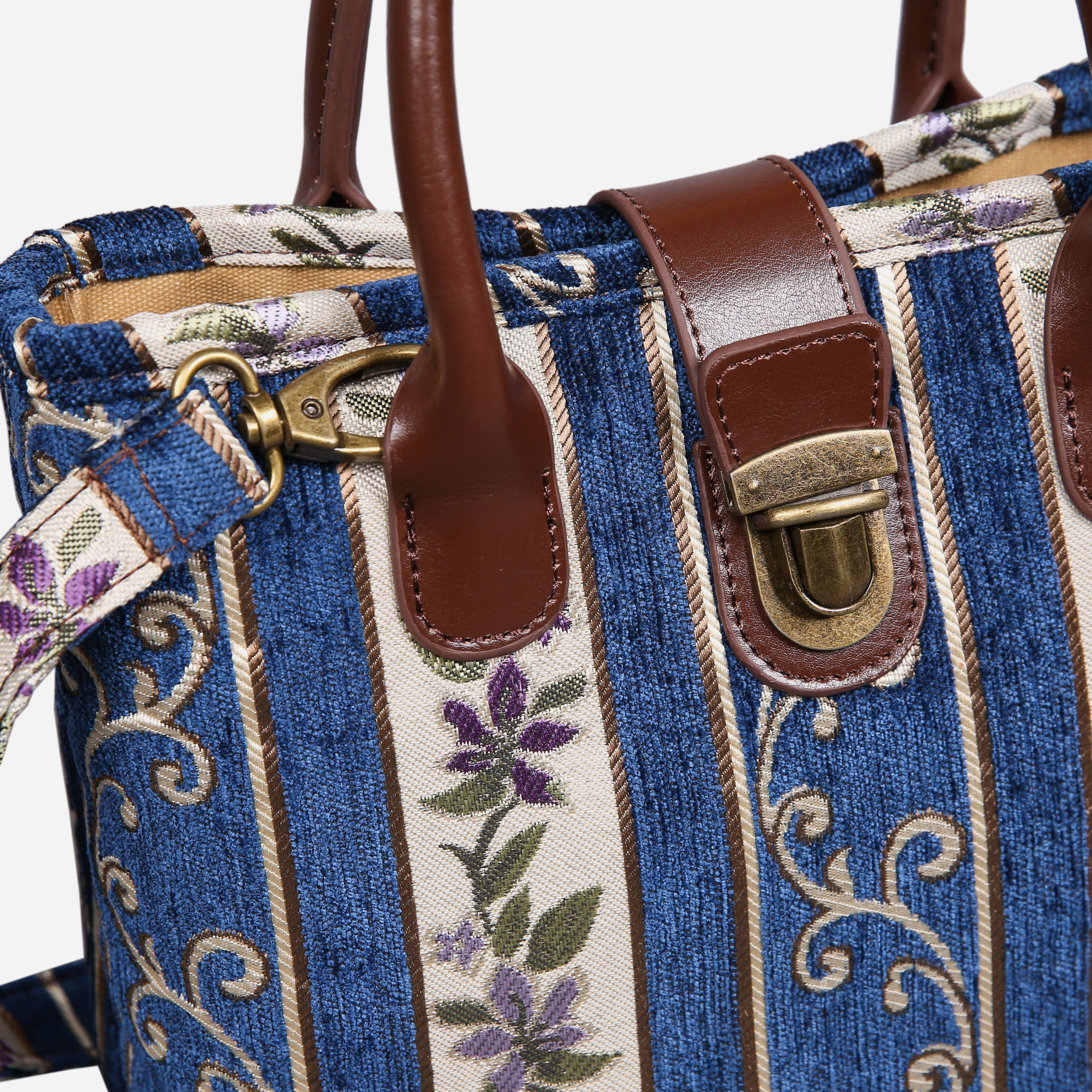 Strips Blue Tuck Lock Carpet Satchel carpet bag MCW Handmade of America details