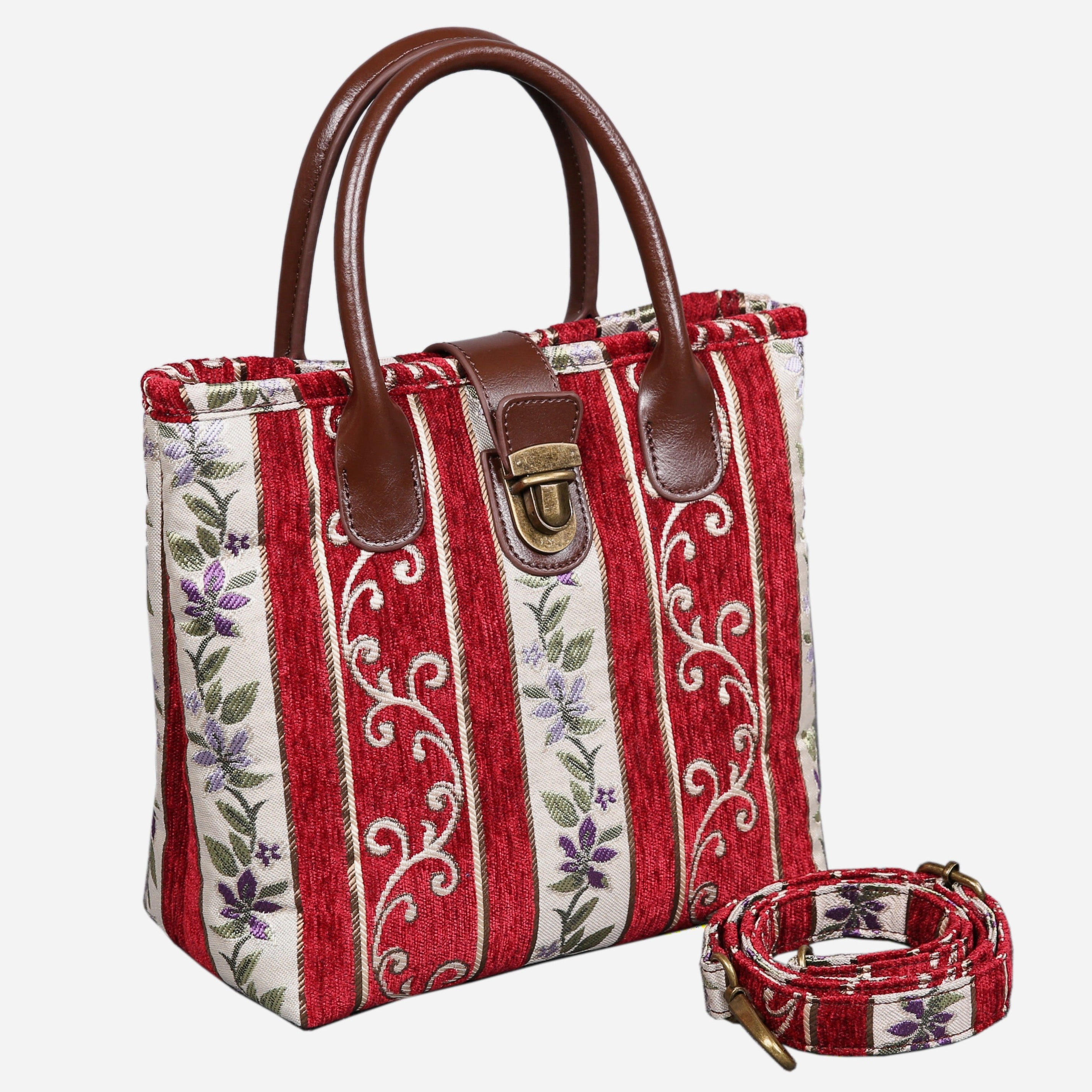 Strips Red Tuck Lock Carpet Satchel carpet bag MCW Handmade of America with strap