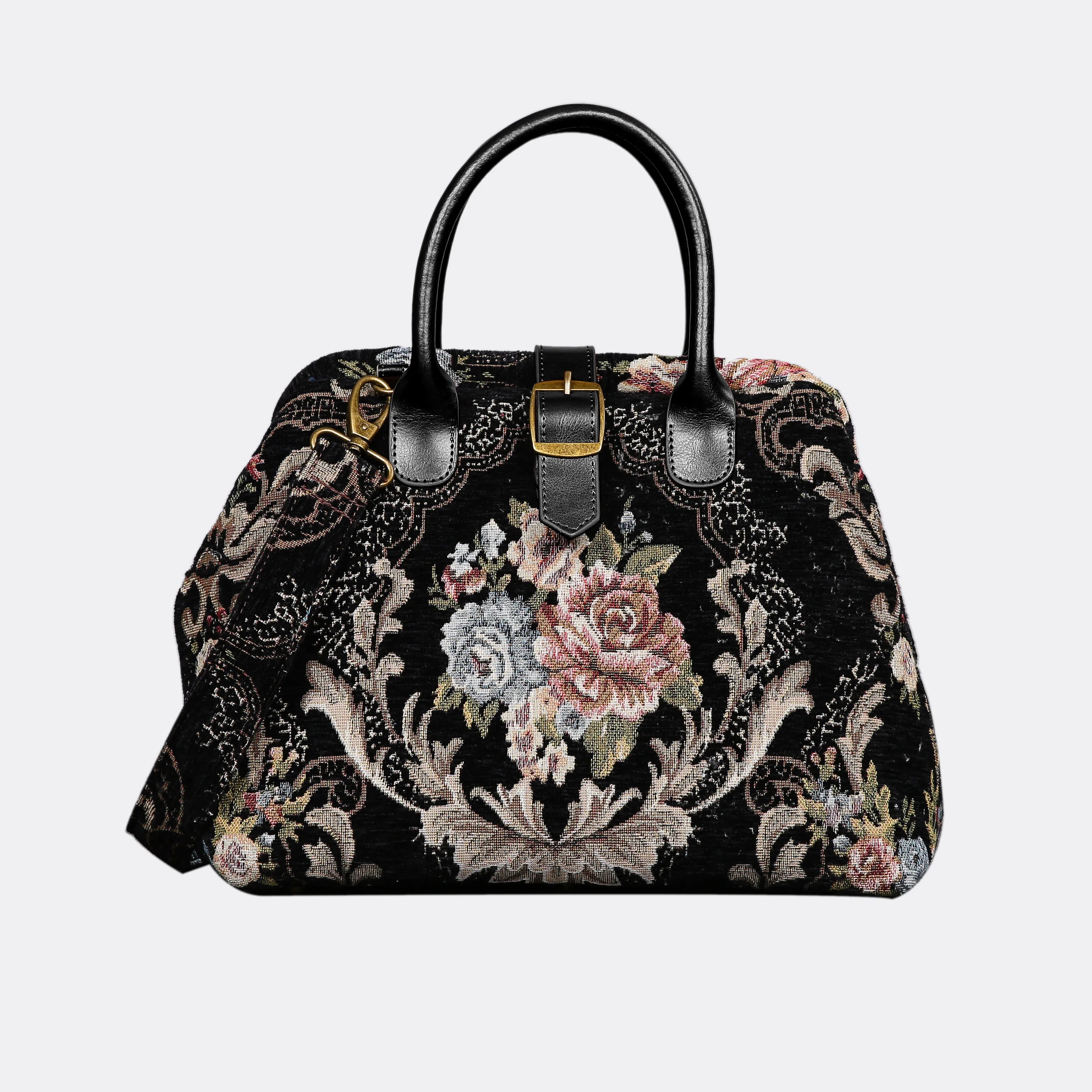 Floral Black Leather Black Carpet Handbag Purse