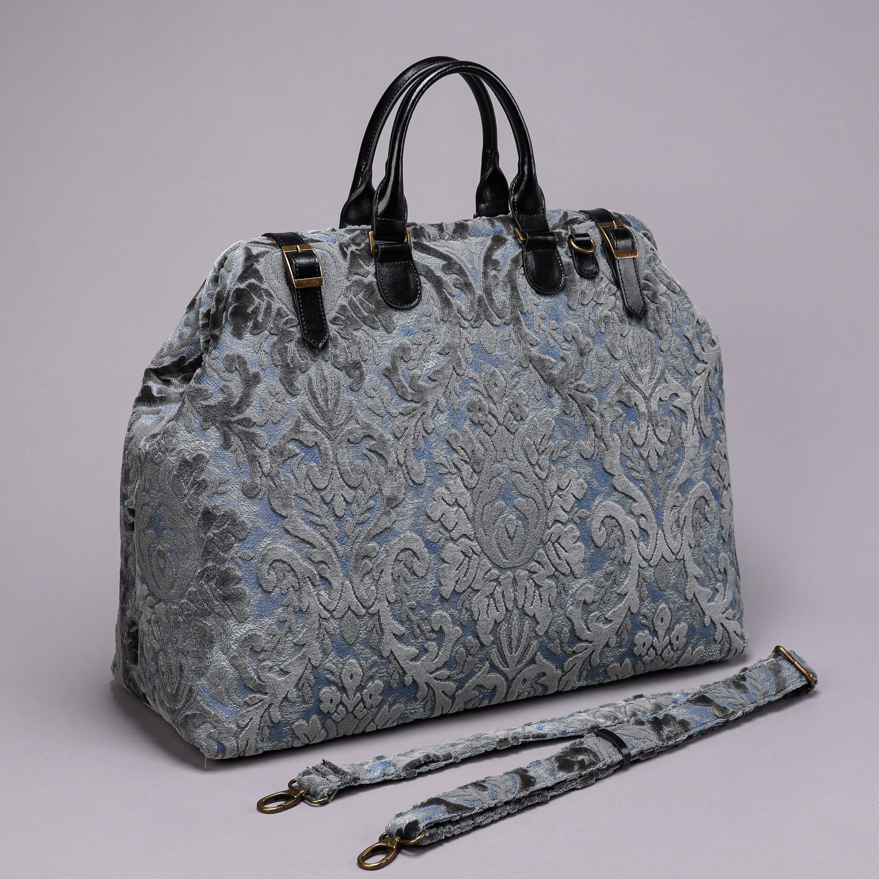 Mary Poppins Carpetbag Burnout Velvet Bag Steel Blue