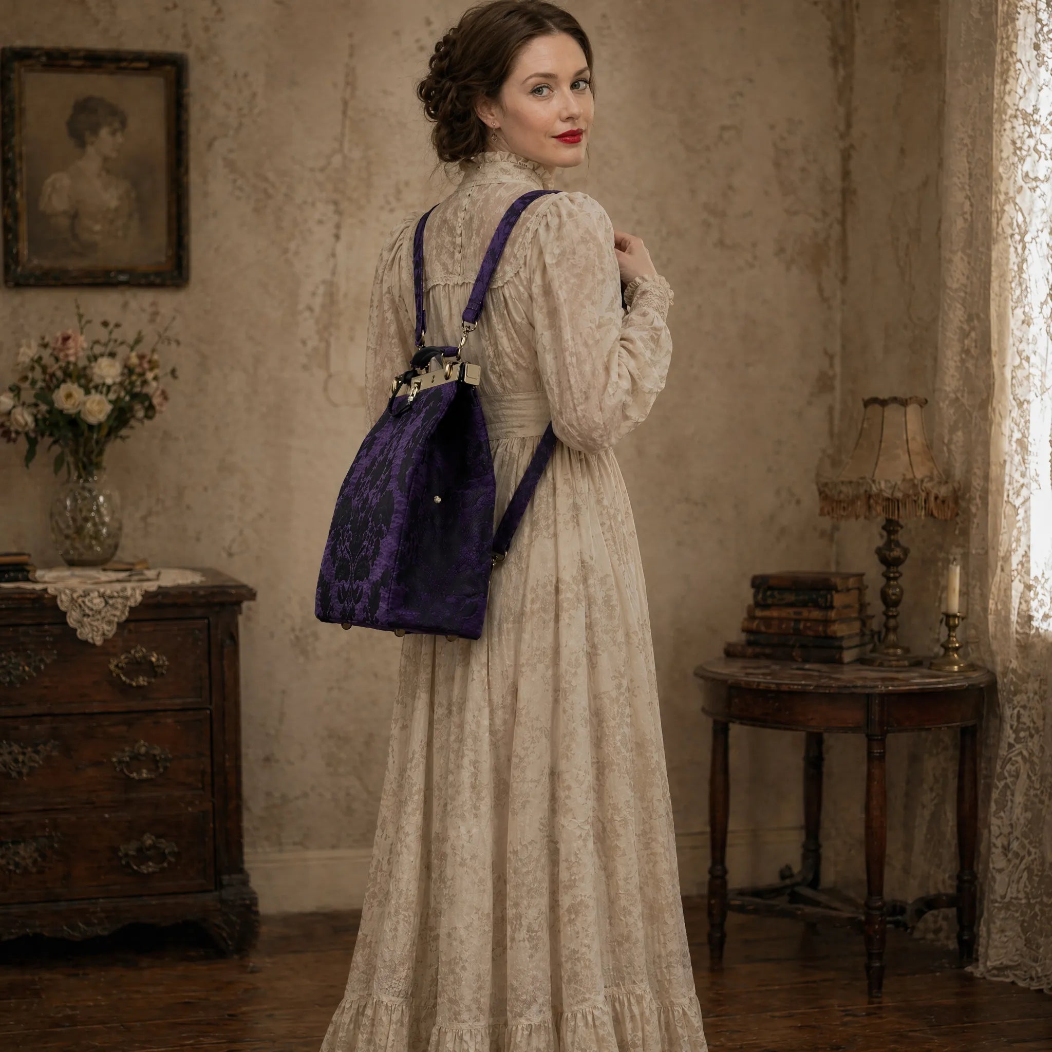 Victorian Blossom Purple Helena Carpet Backpack Gladstone Bag Model