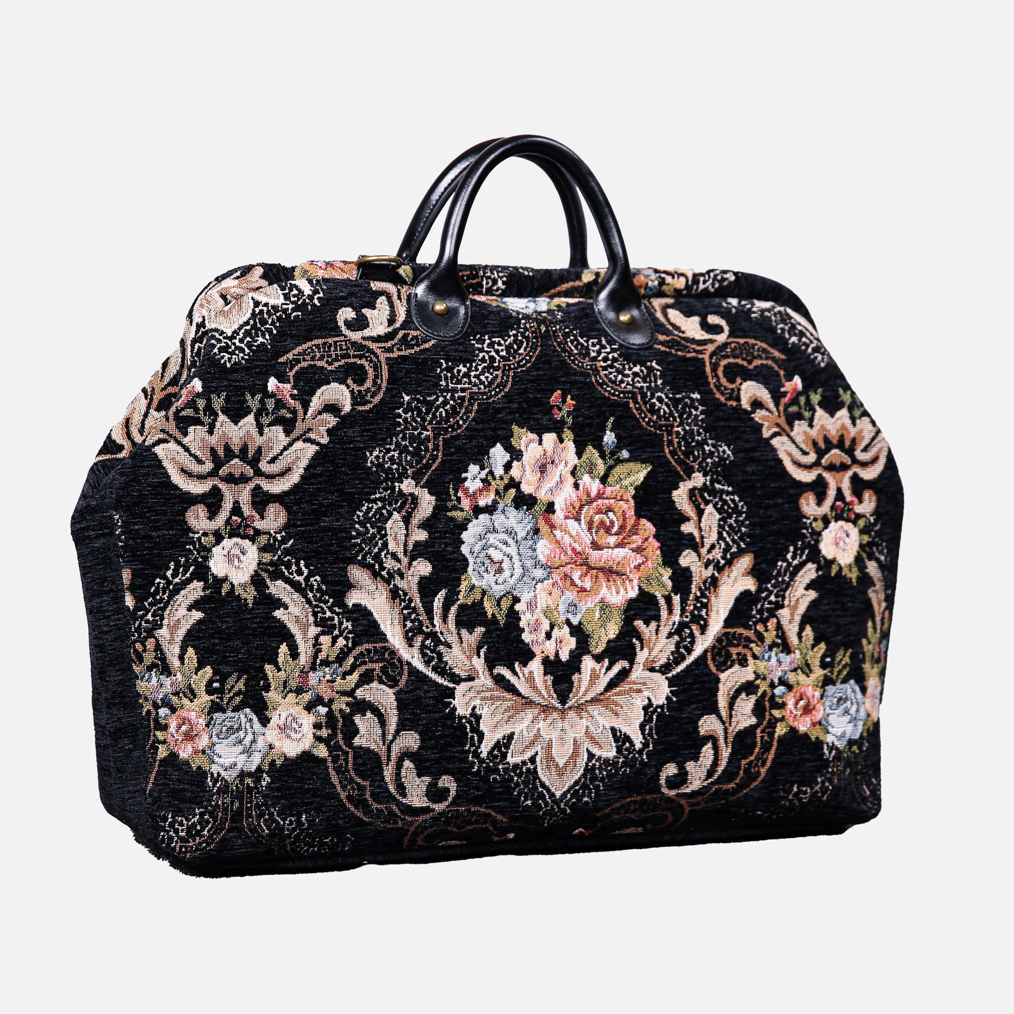 Floral Black Leather Black Laptop Work Bag carpet bag MCW Handmade-1