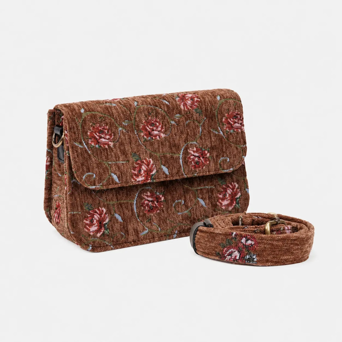 Climbing Rose Coffee Flap Crossbody Bag of America display