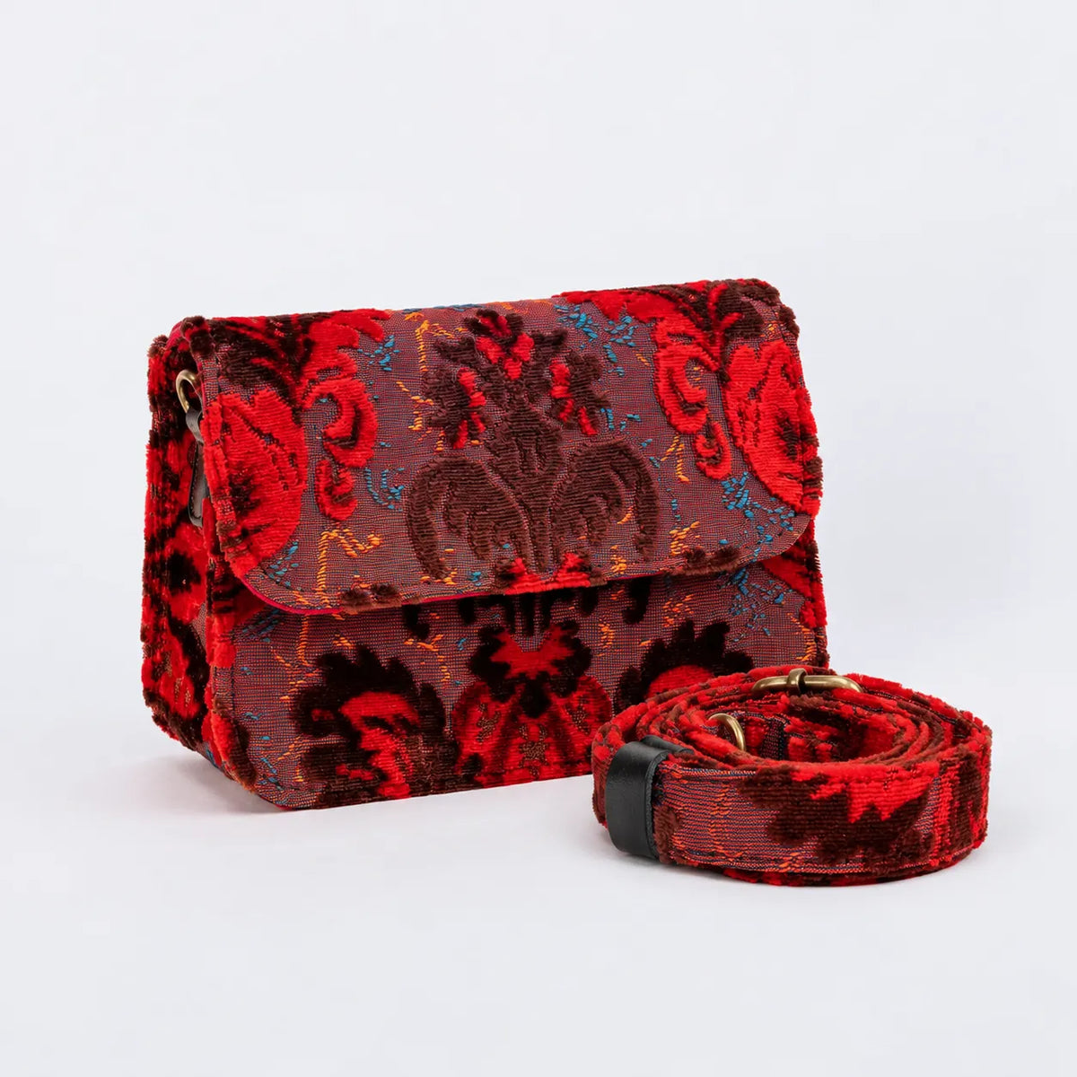 Burnout Velvet Revival Scarlet Flap Crossbody Bag of America display