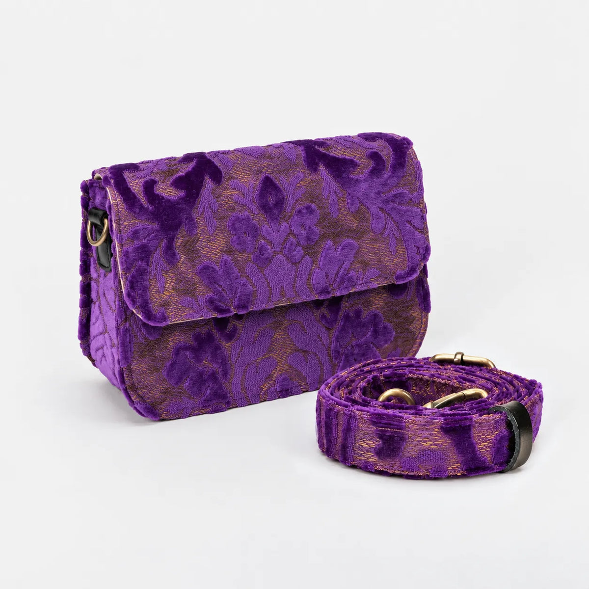 Burnout Velvet Purple Flap Crossbody Bag of America display