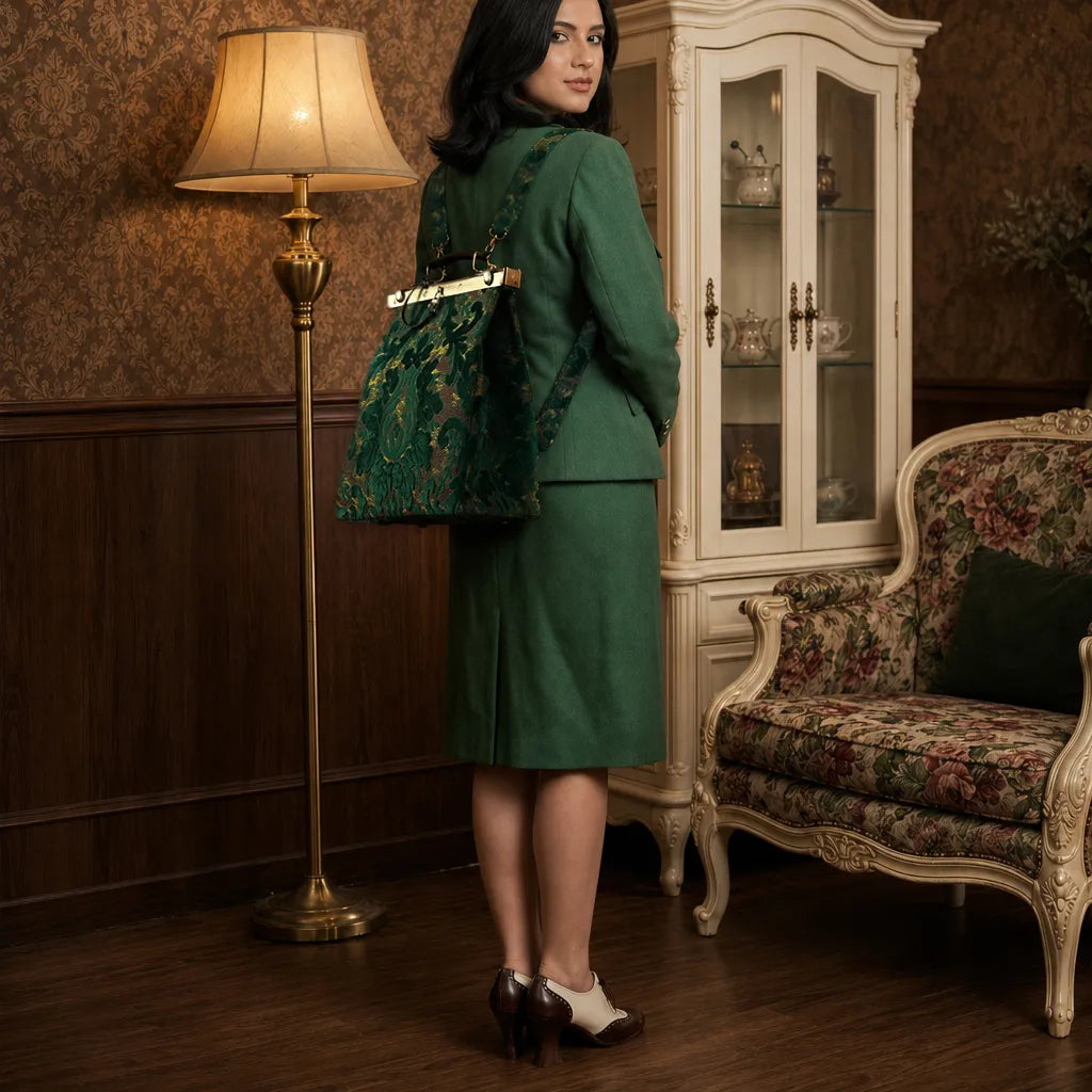 Woman in a green suit holding a Burnout Velvet Jade Green Helena carpet backpack gladstone bag in a retro room.