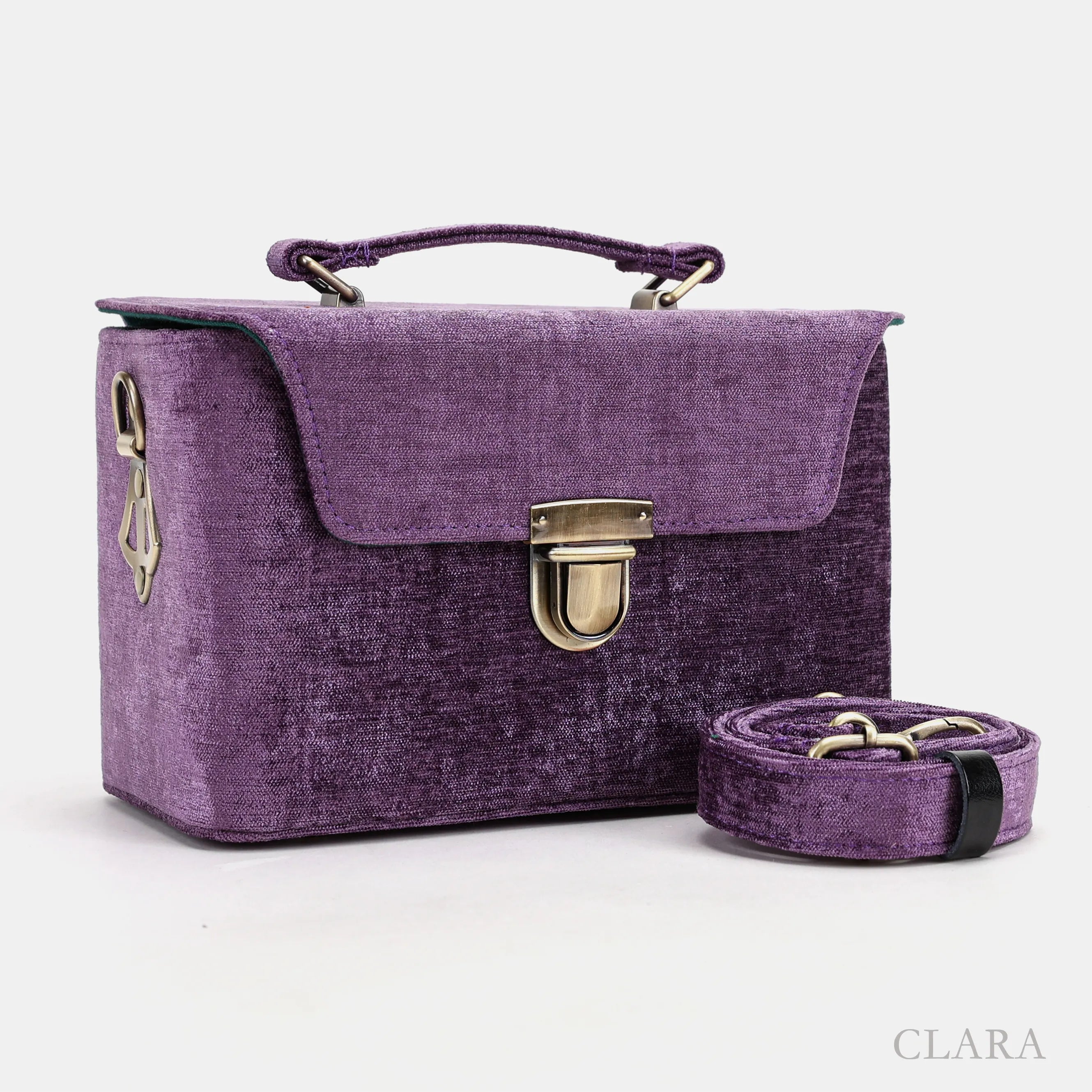 Solid Purple Clara Medium Train Case Purse of America with shoulder strap