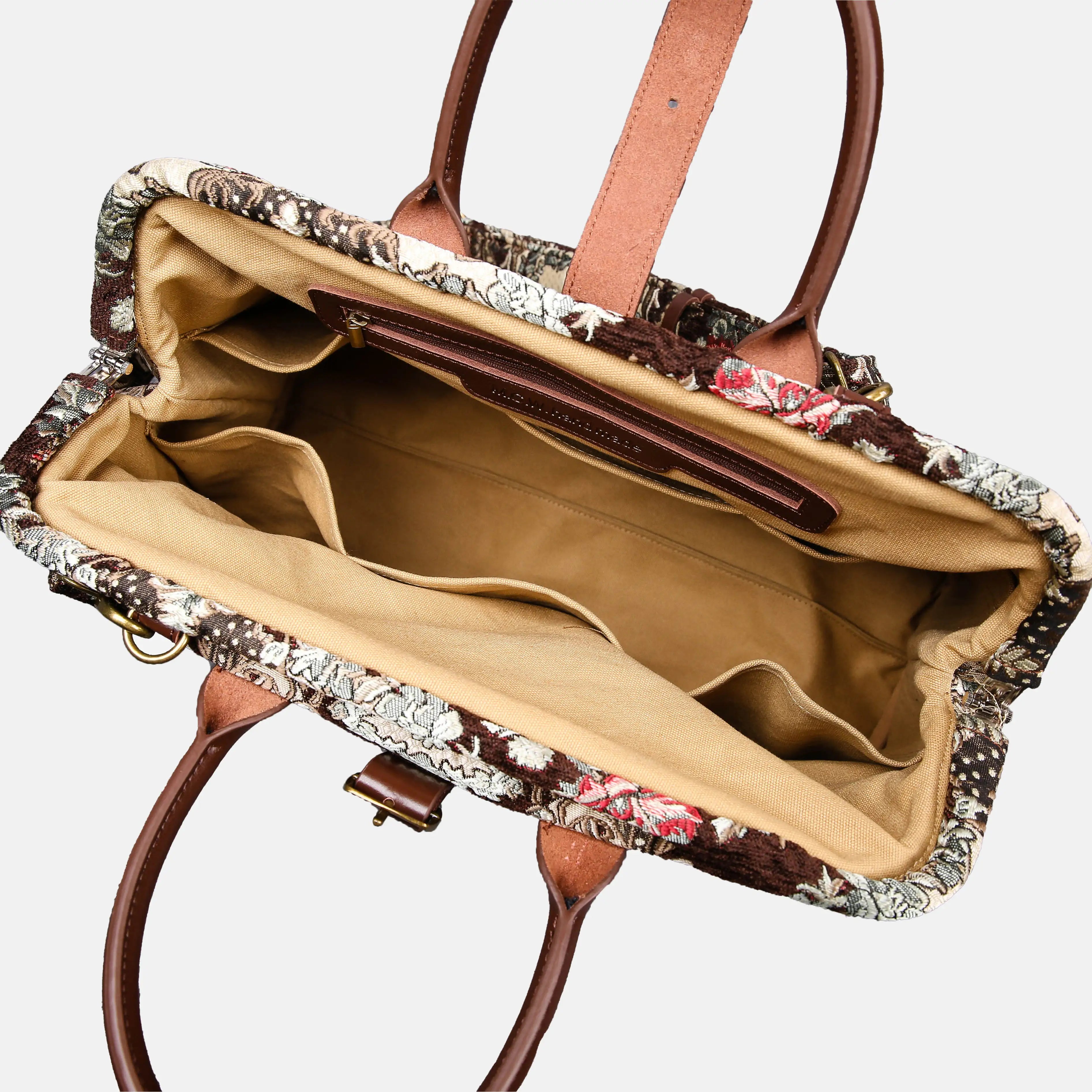 Brocade Brown Mary Poppins Weekender Carpetbag of America open