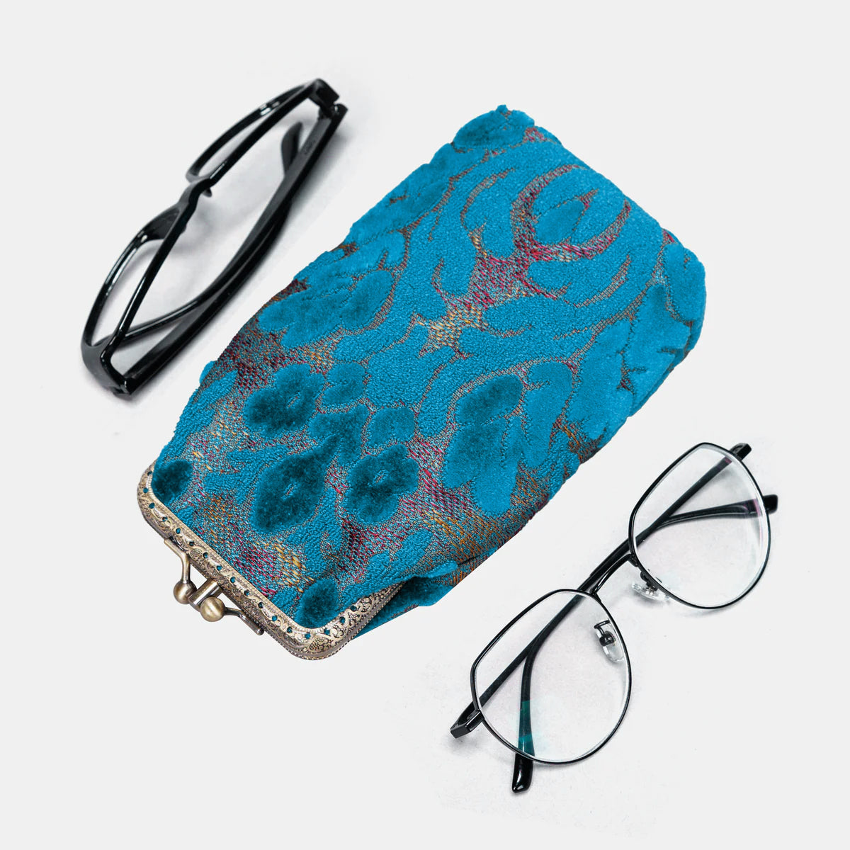 Burnout Velvet Aqua Blue Carpet Eyeglasses Case with glasses