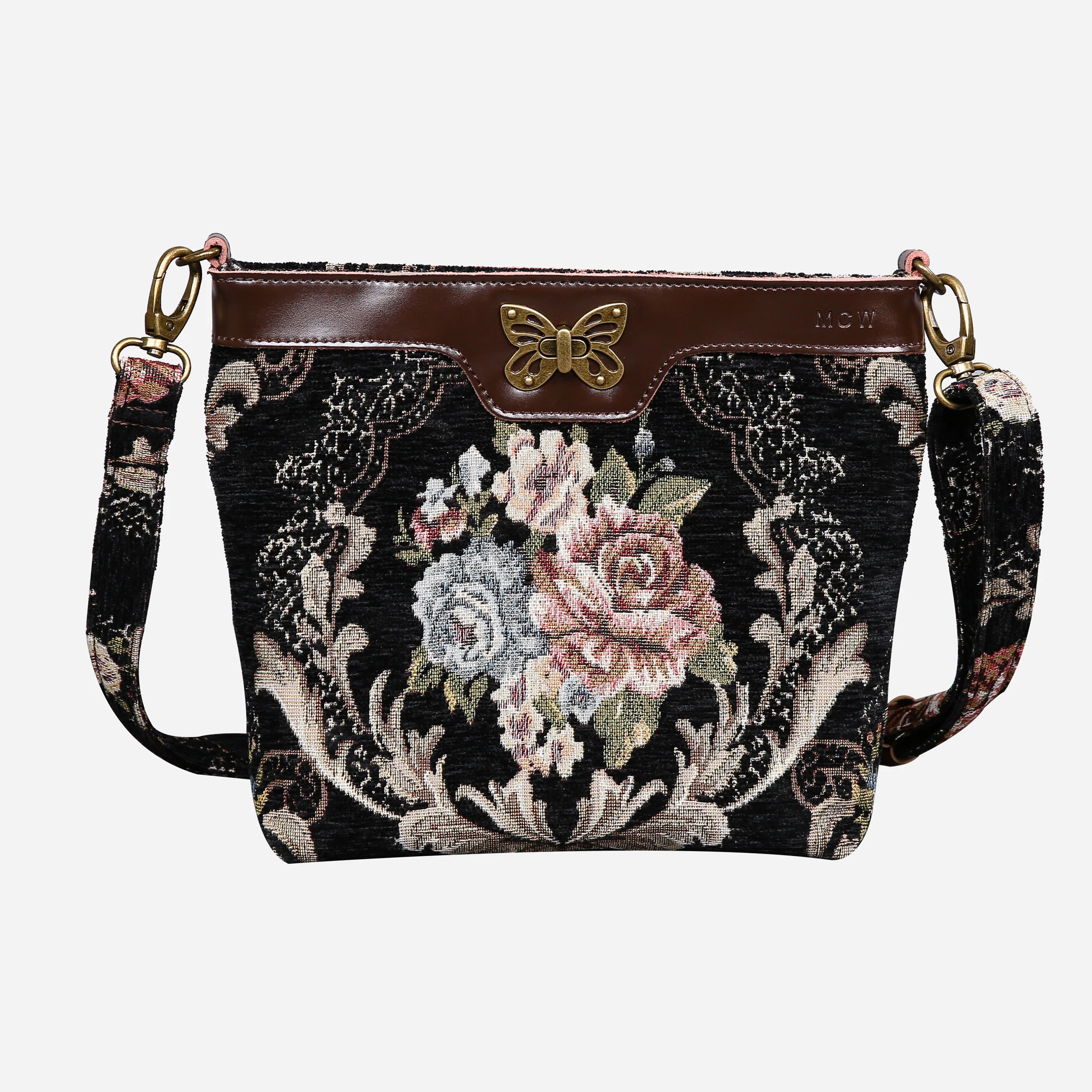 Floral Black Leather Brown Butterfly Crossbody Bag