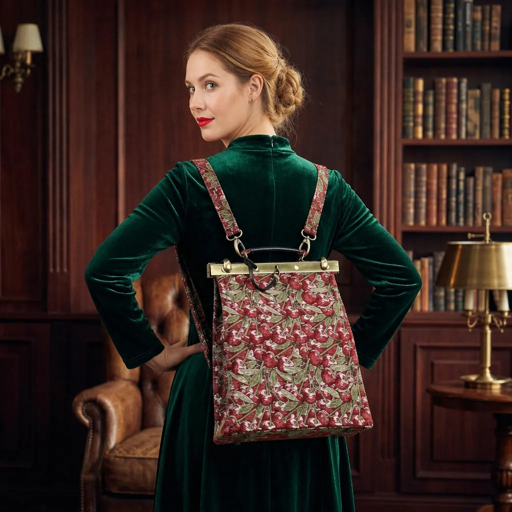 Woman in a green velvet dress wearing a cherry cascade helena carpet backpack gladstone bag in a vintage study.
