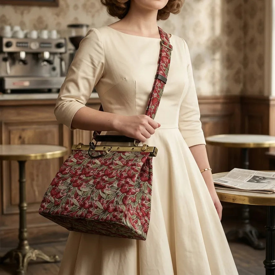 Woman in a beige dress carrying a cherry cascade cecile carpet purse gladstone bag with a shoulder strap.
