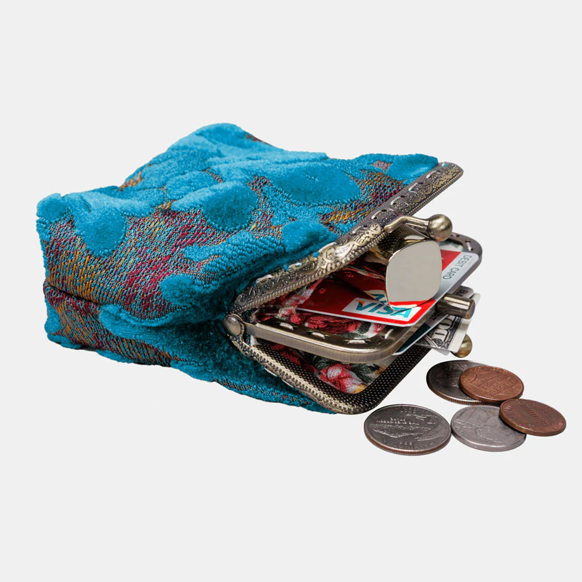 Burnout Velvet Aqua Blue Double Kiss Clasp Coin Purse front