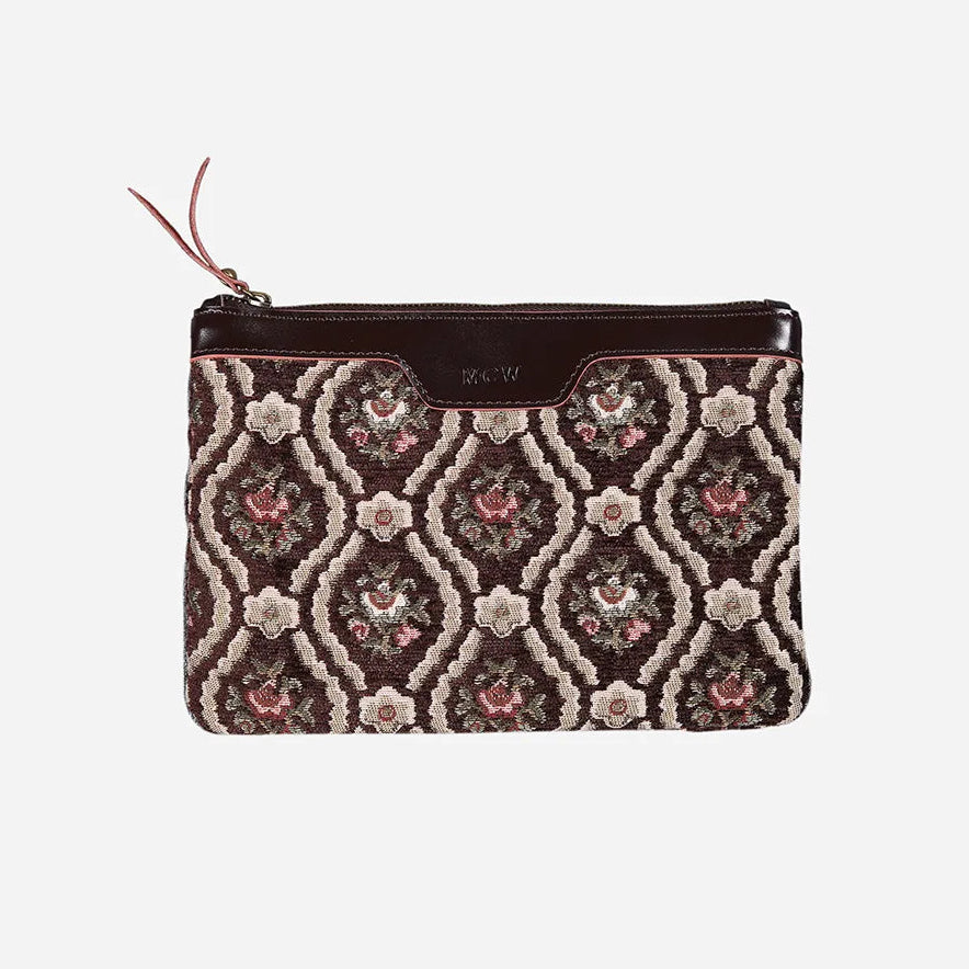 Patterned pouch with a brown zipper on a white background