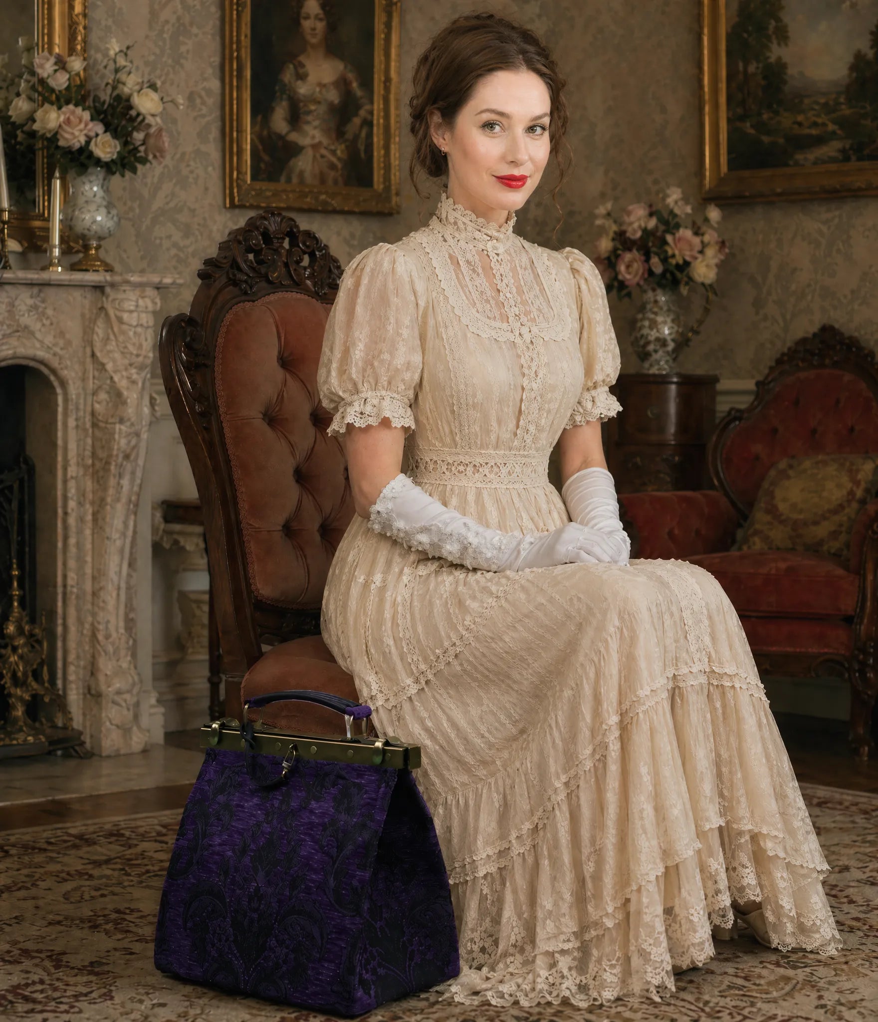 Woman in a lace dress seated on a vintage chair with a victorian blossom purple cecile carpet purse gladstone bag beside her.
