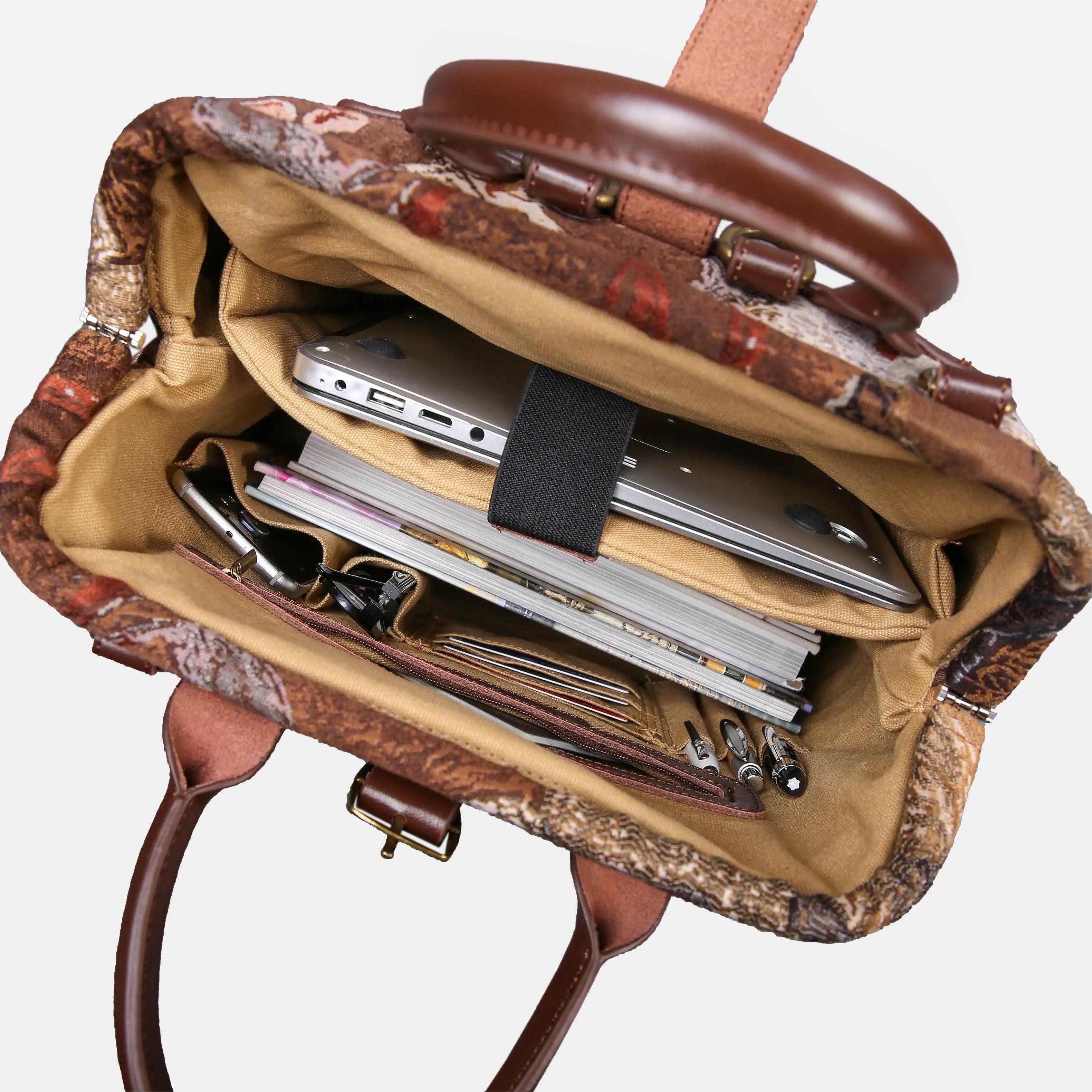 Abstract Brown Carpet Laptop Backpack Carpetbag of America in use