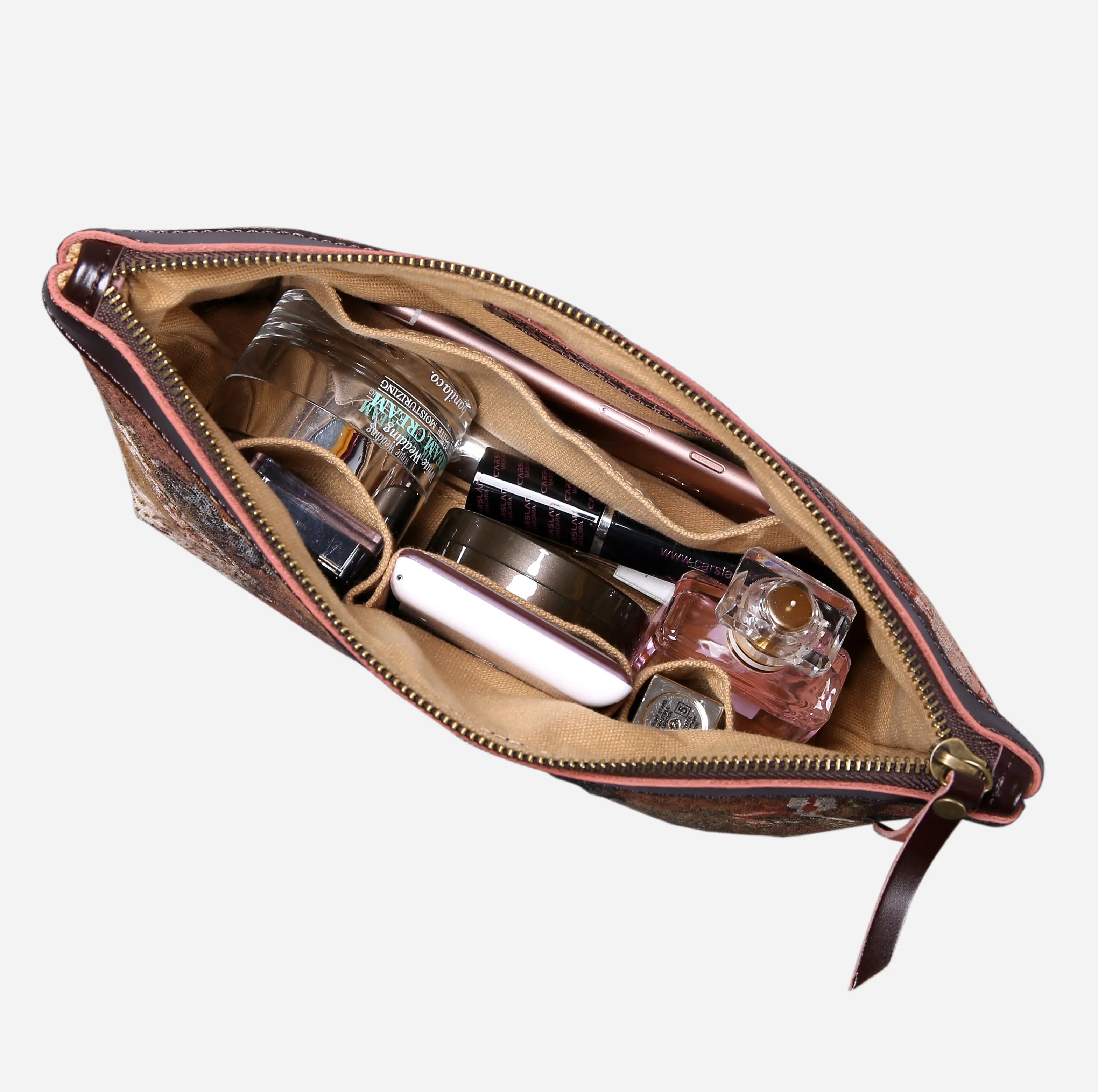 Abstract Brown Carpet Makeup Bag carpet bag MCW Handmade of America in use
