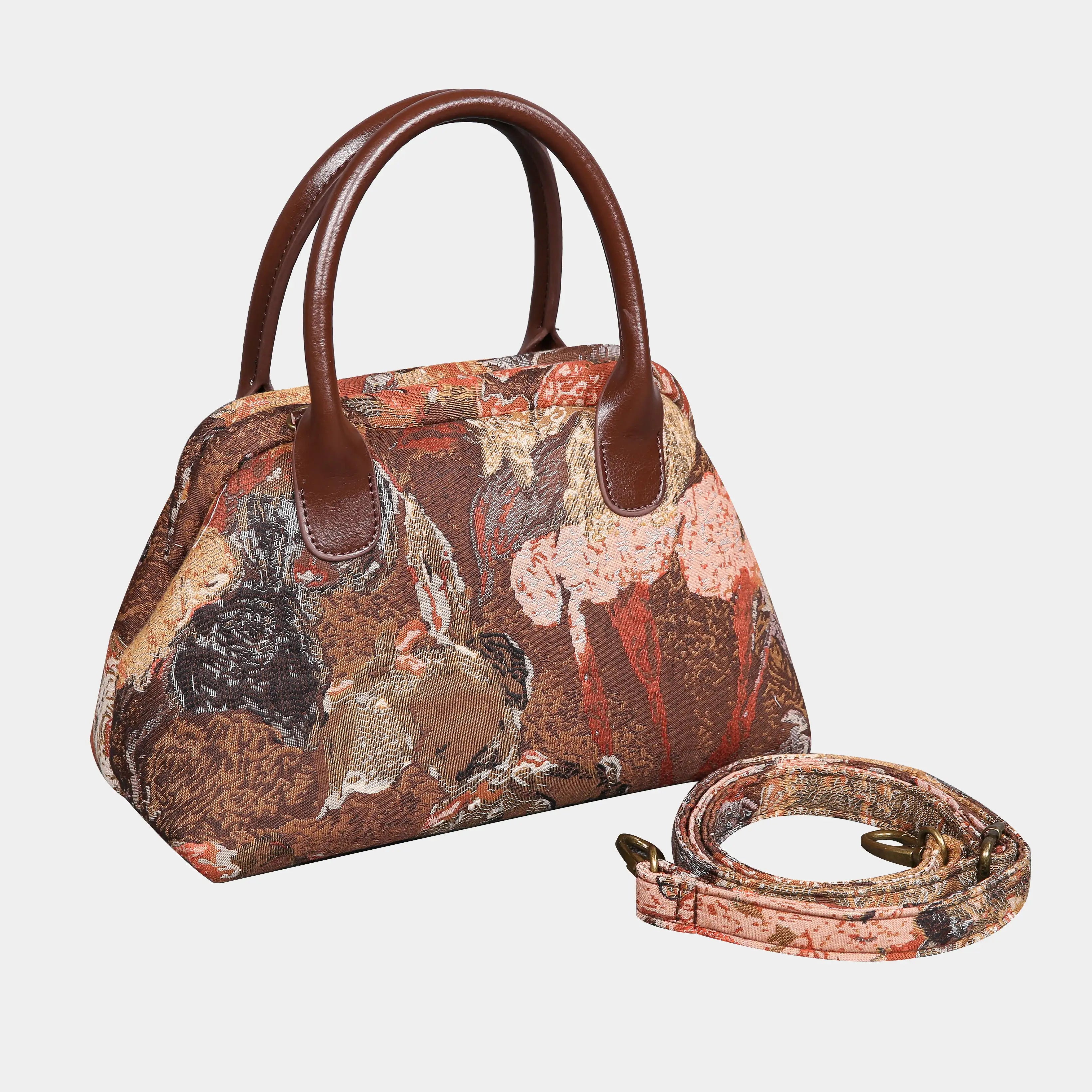 Abstract Brown Carpet Satchel carpet bag MCW Handmade of America with strap