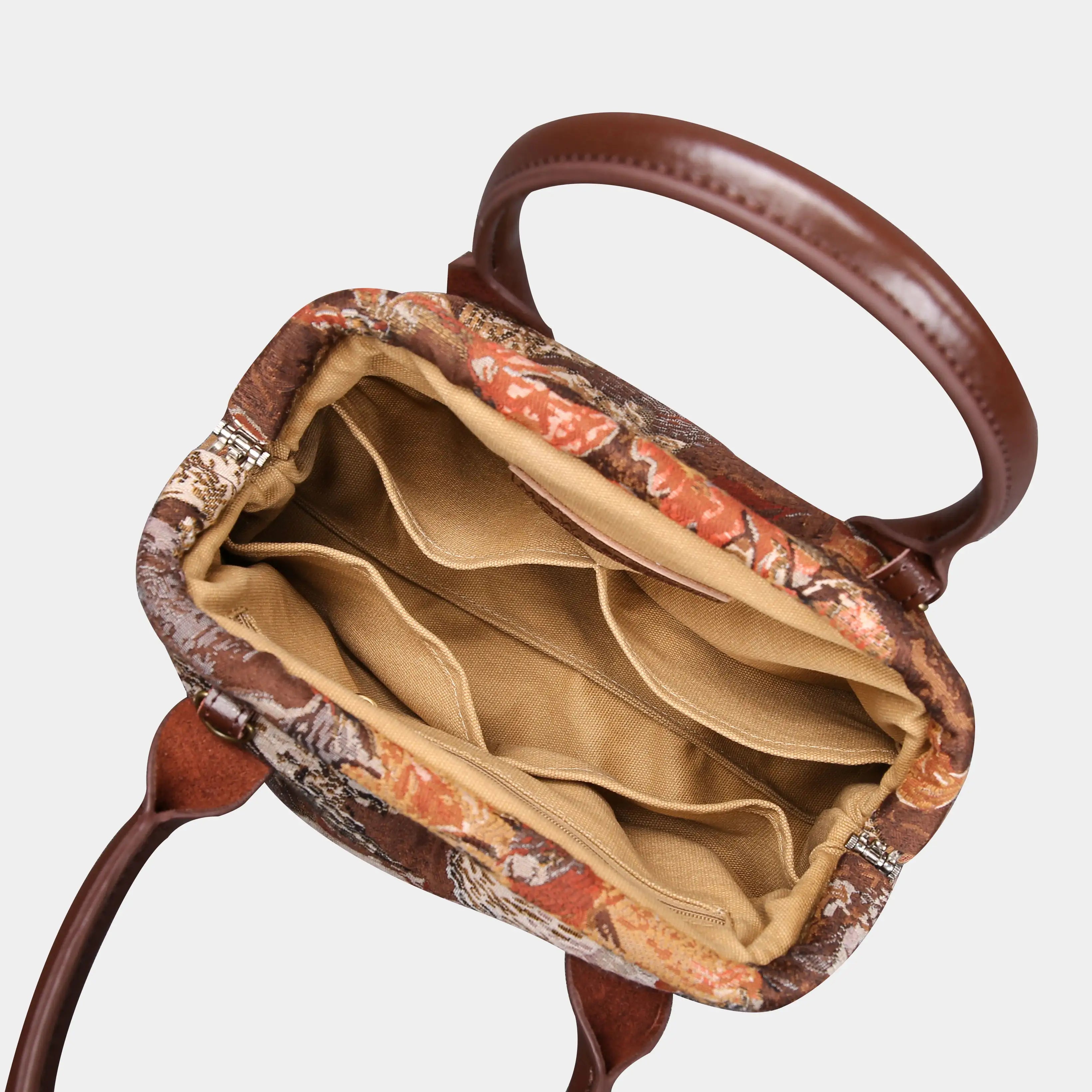 Abstract Brown Carpet Satchel carpet bag MCW Handmade of America open