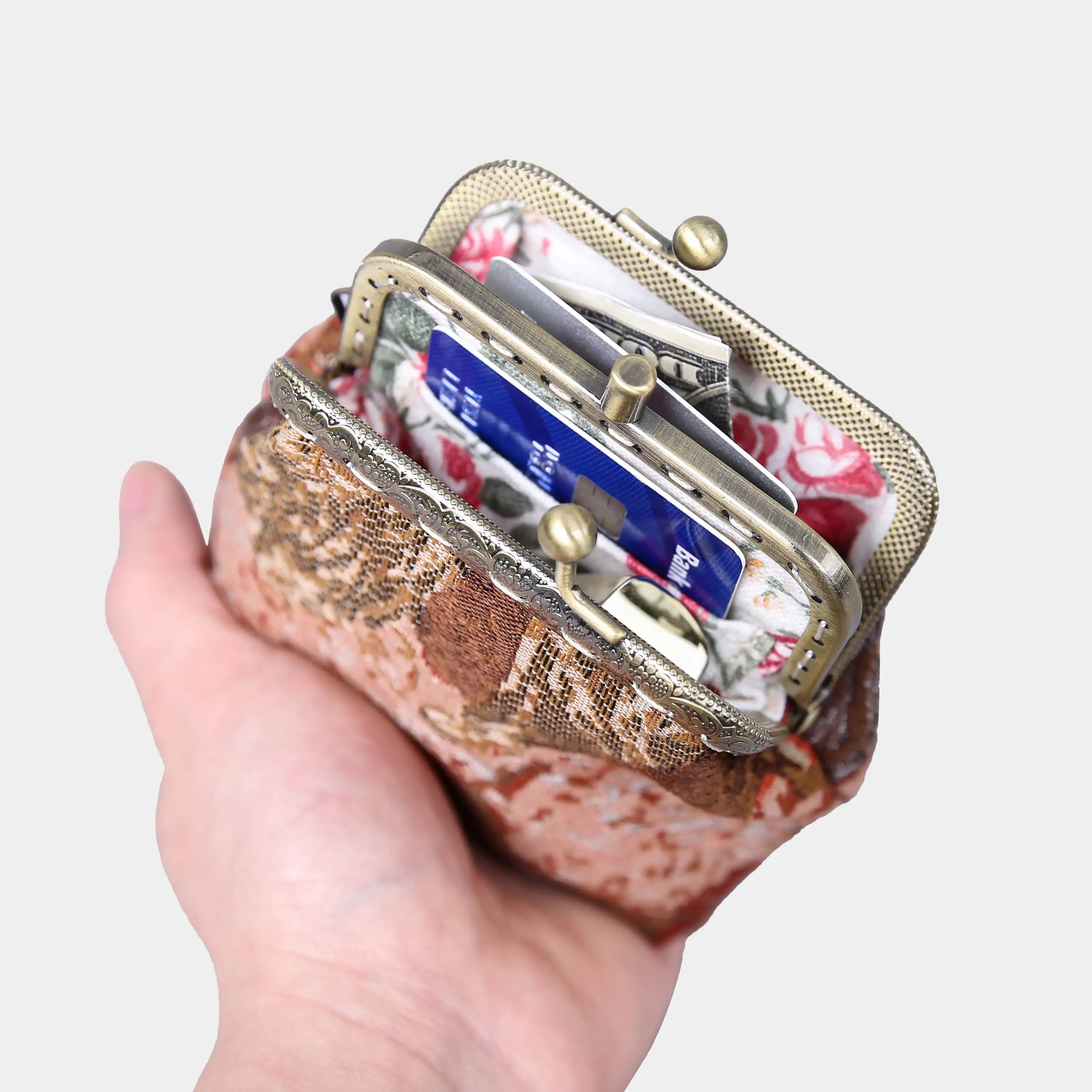Abstract Brown Double Kiss Clasp Coin Purse of America in use-2
