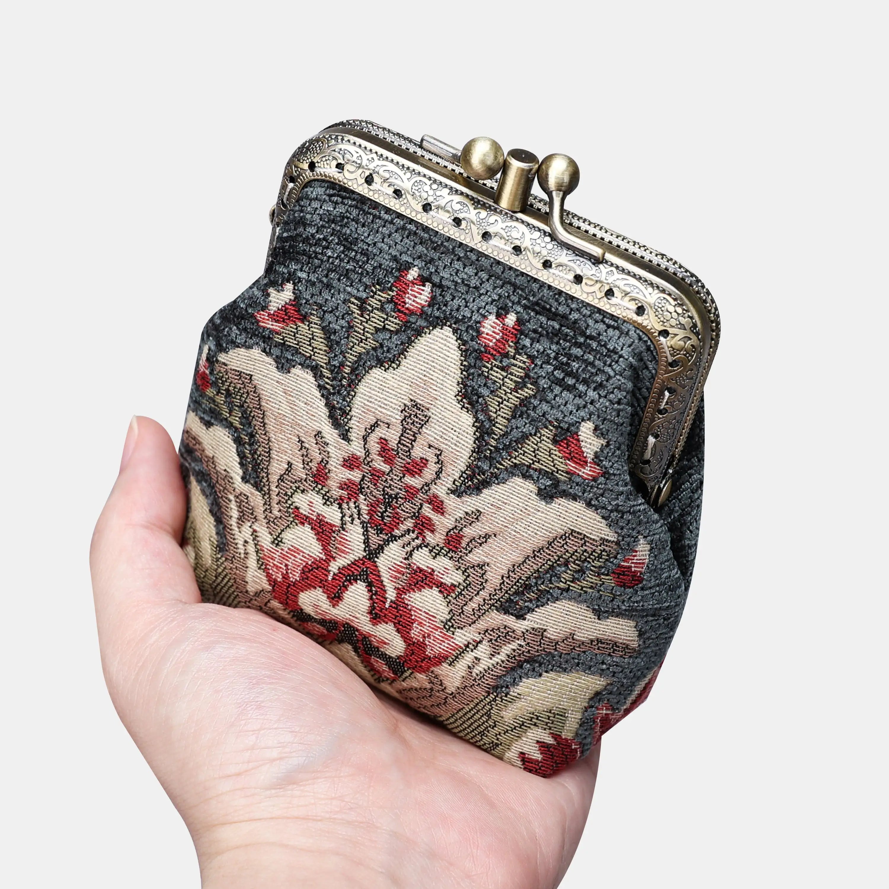 Baroque Floral Green Gray Double Kiss Clasp Coin Purse of America main