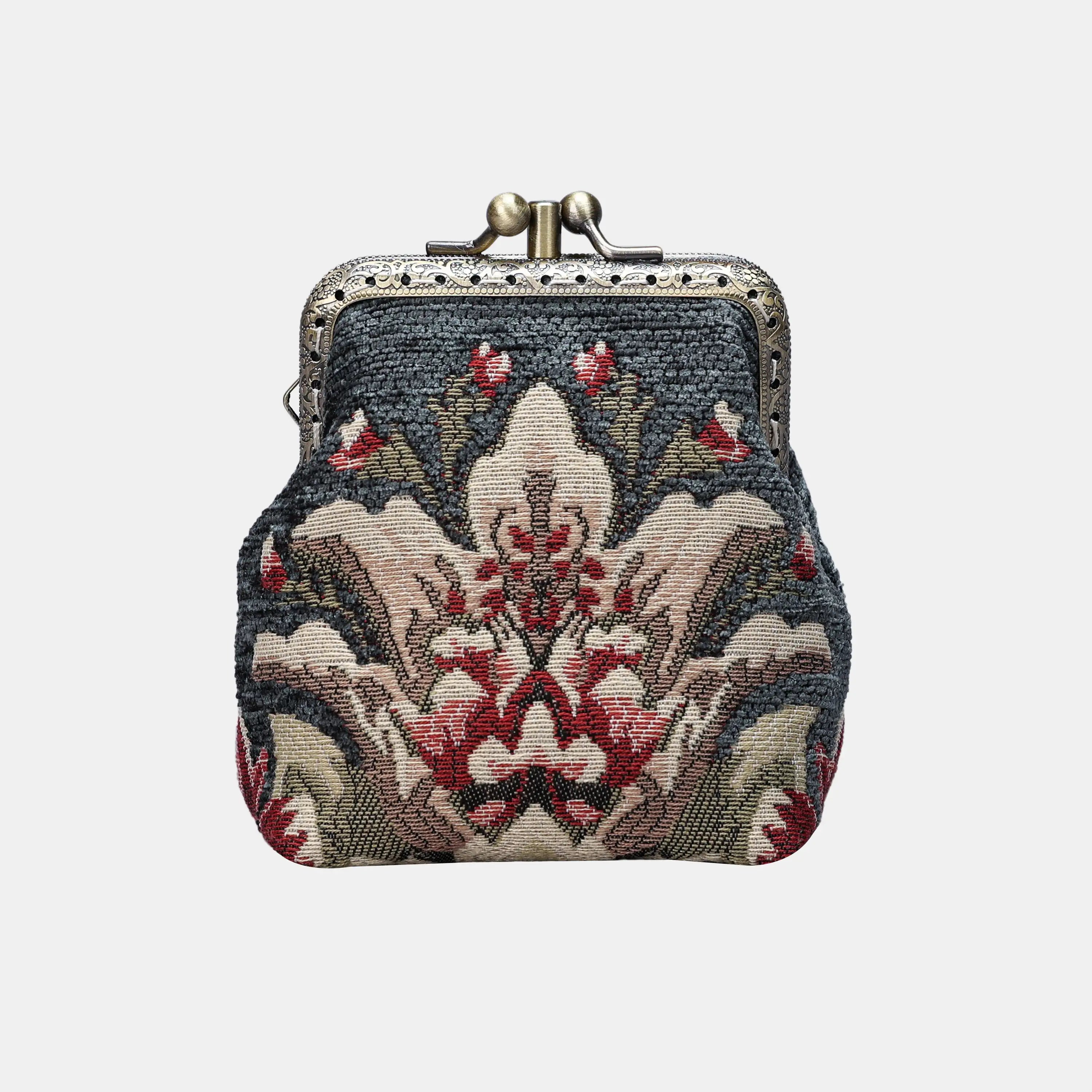 Baroque Floral Green Gray Double Kiss Clasp Coin Purse of America front-1