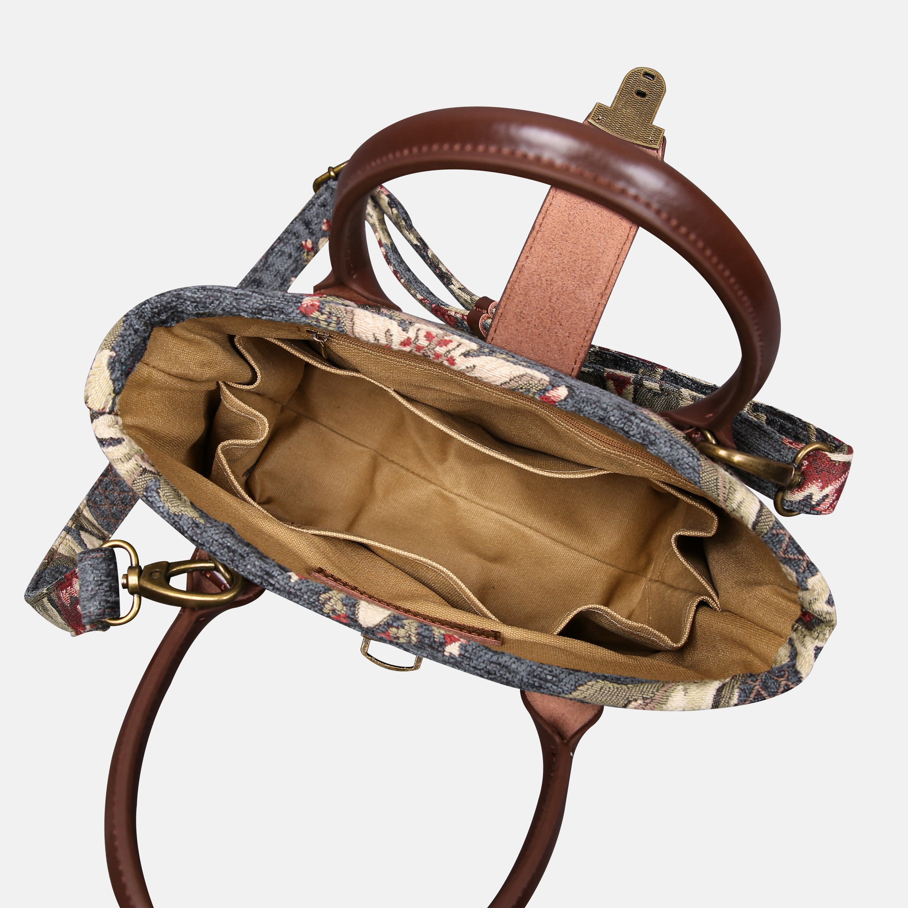 Baroque Floral Green Gray Tuck Lock Carpet Satchel carpet bag MCW Handmade of America inside