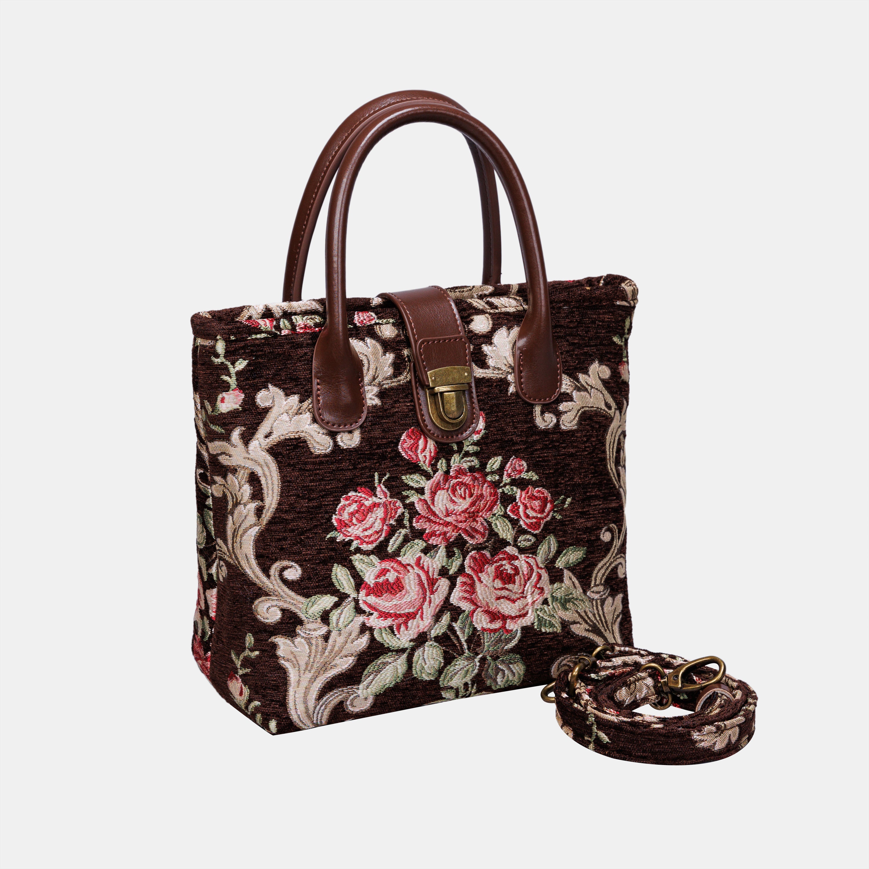 Baroque Garden Brown Tuck Lock Carpet Satchel carpet bag MCW Handmade of America with strap