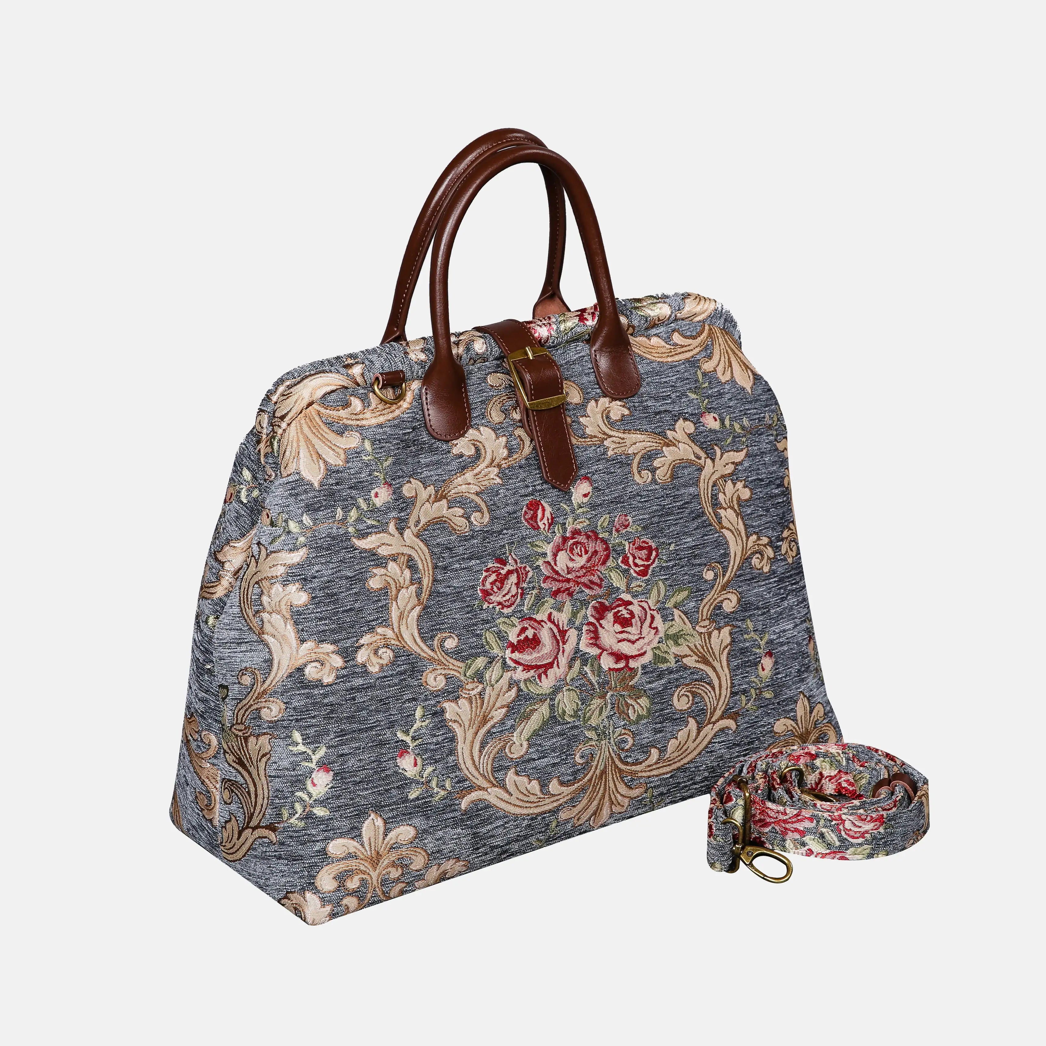 Baroque Garden Grey Mary Poppins Weekender Carpetbag with shoulder strap