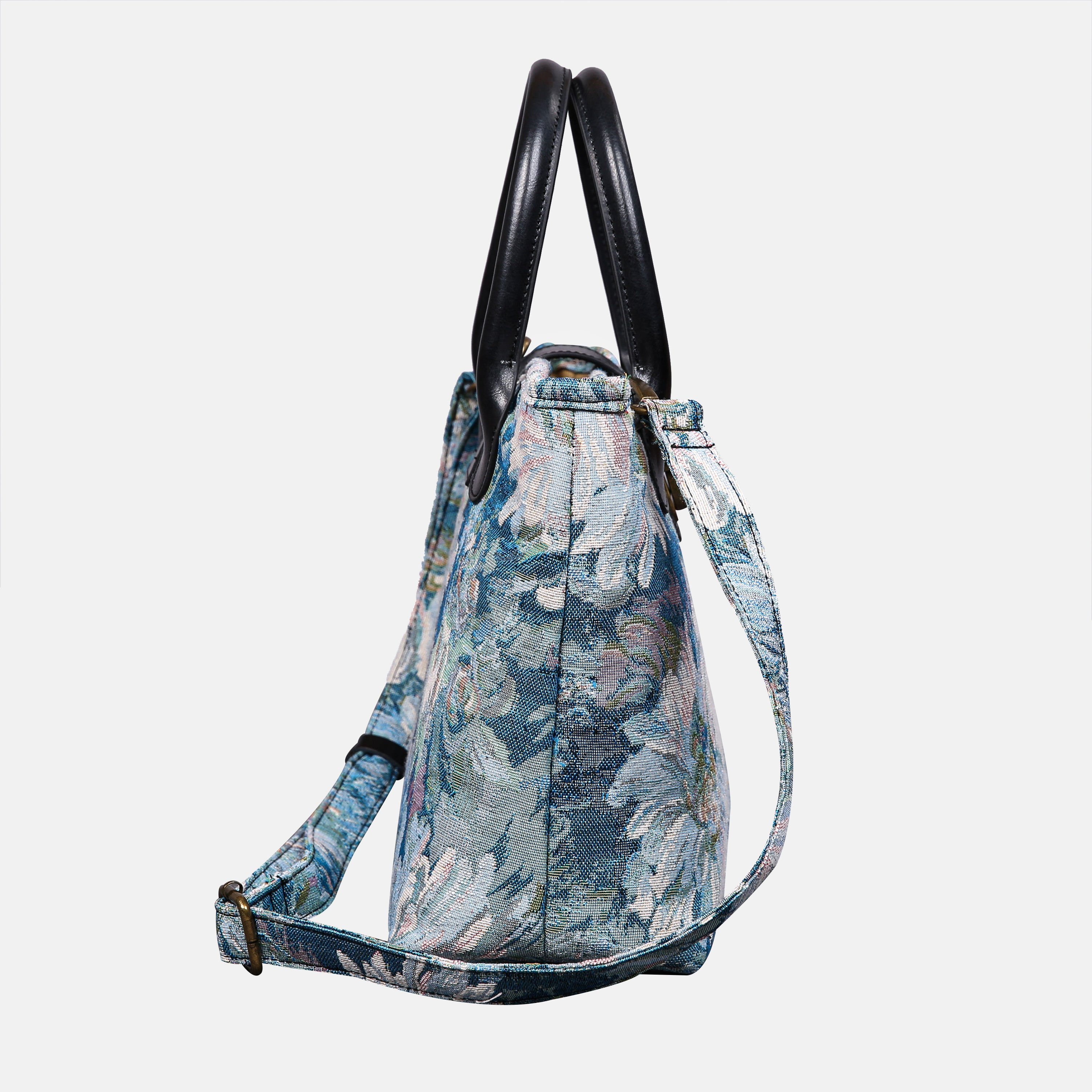 Blooming Daisy Blue Tuck Lock Carpet Satchel carpet bag MCW Handmade of America side