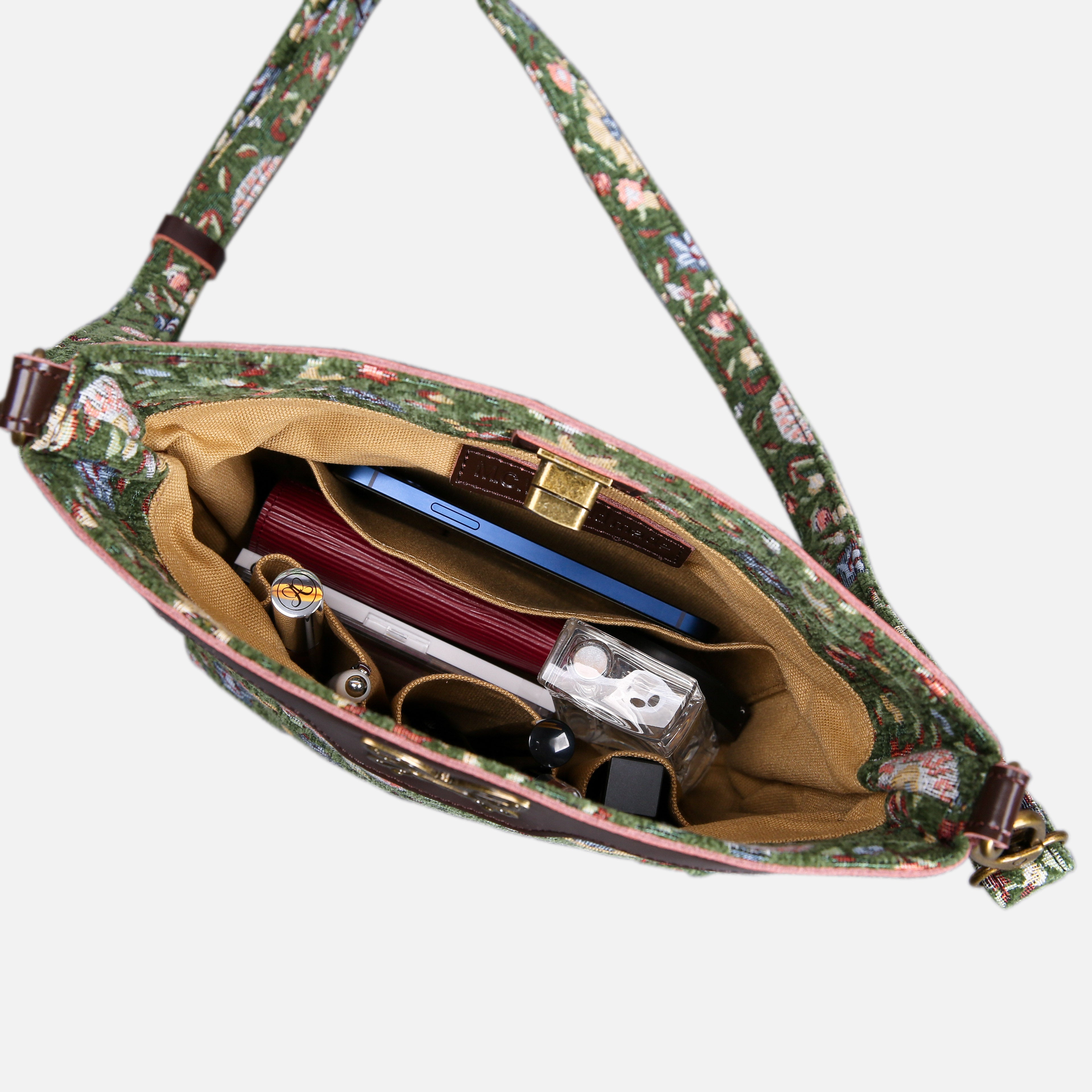 Oriental Arugula Green Carpet Crossbody Bag carpet bag MCW Handmade of America in use