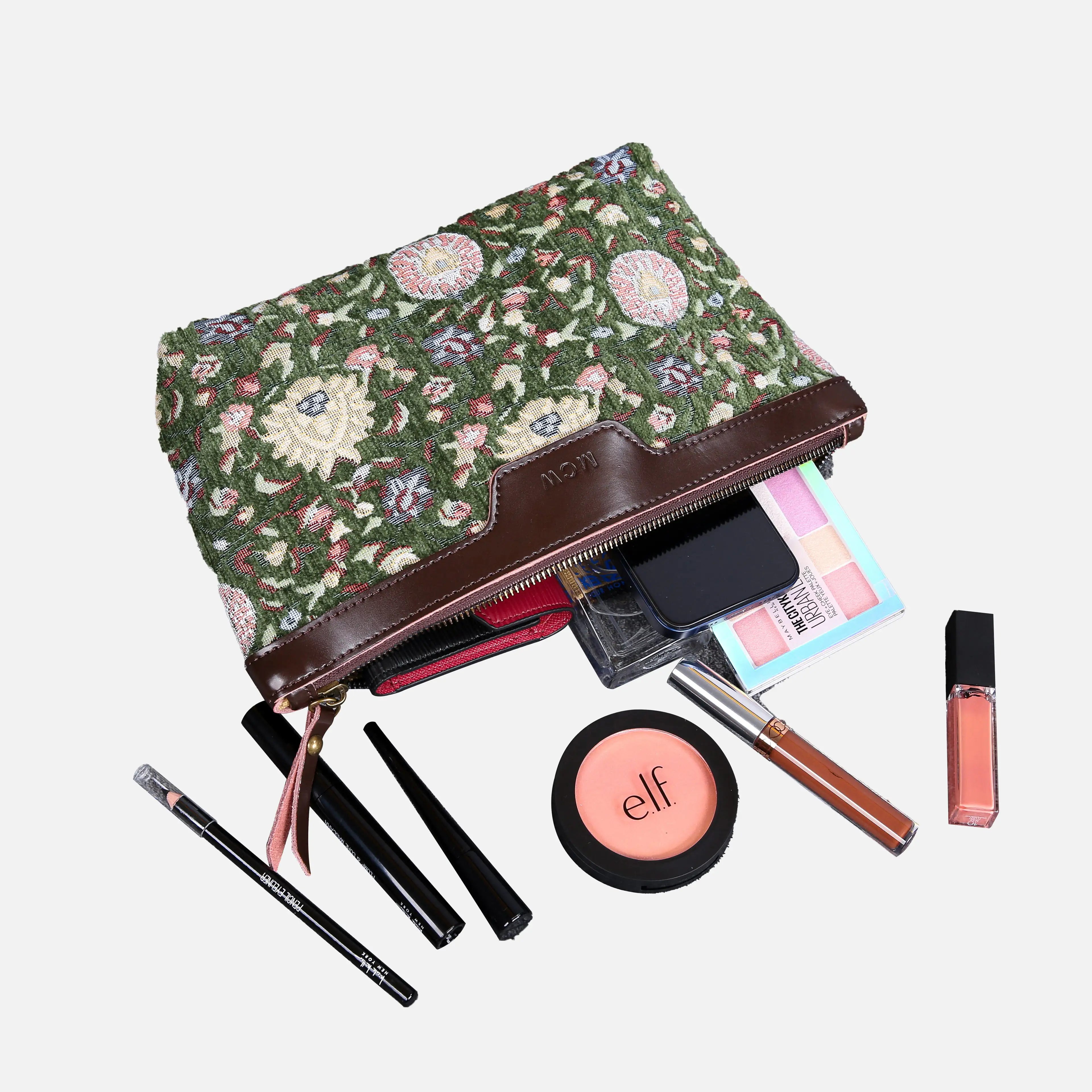Bouquet Arugula Green Carpet Makeup Bag Carpetbag of America lay flat