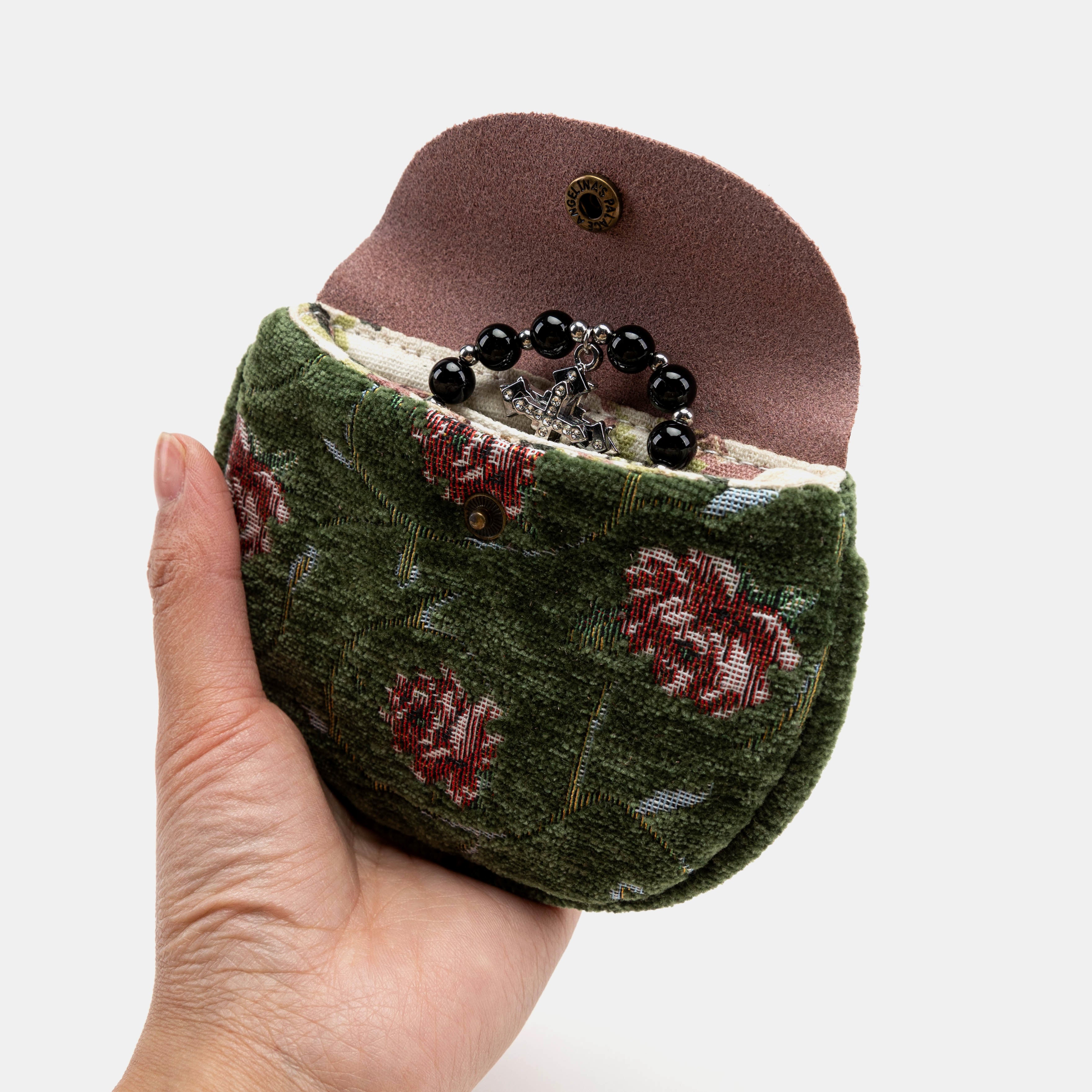Rose Series Arugula Green Rosary Bag Carpetbag of America in use
