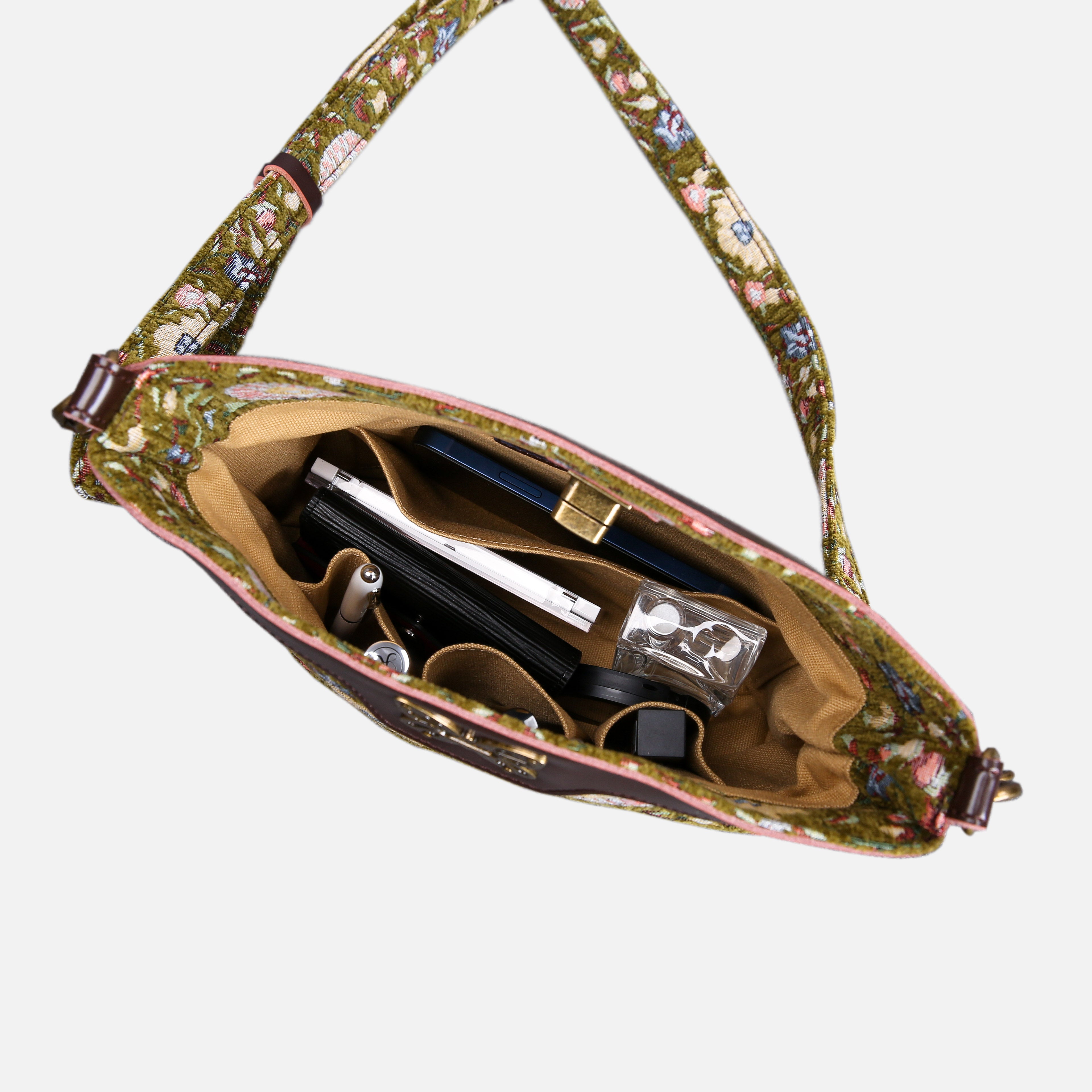Oriental Avocado Carpet Crossbody Bag carpet bag MCW Handmade of America in use