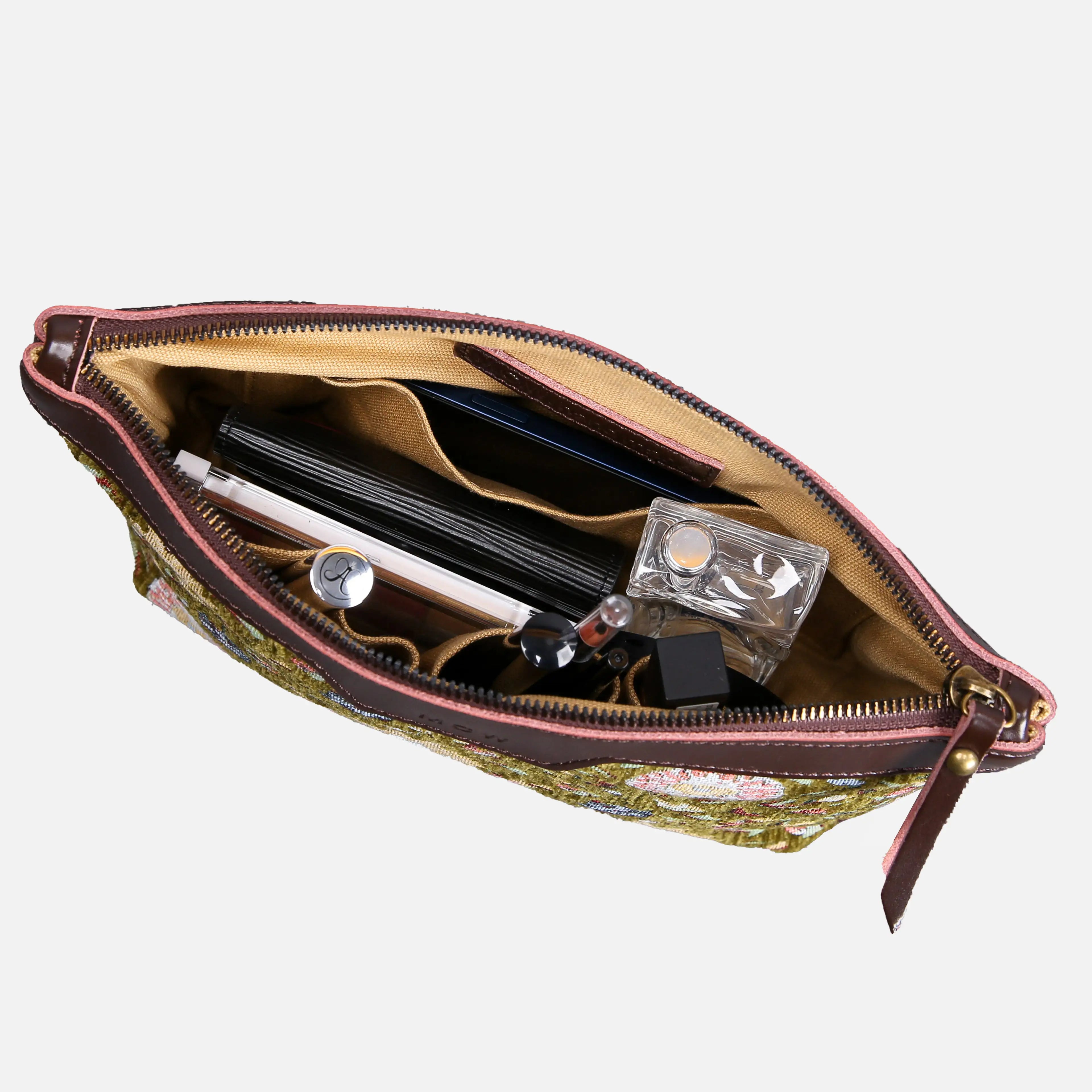 Bouquet Avocado Carpet Makeup Bag Carpetbag of America in use