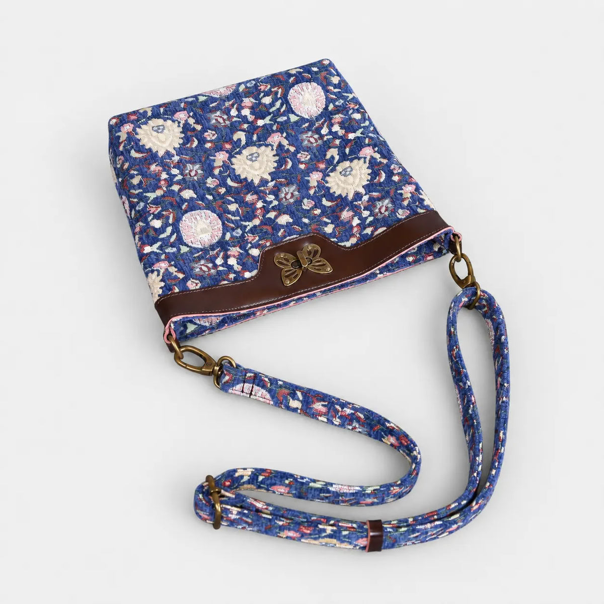 Bouquet Rose Blue Carpet Crossbody Bag carpet bag MCW Handmade of America lay flat
