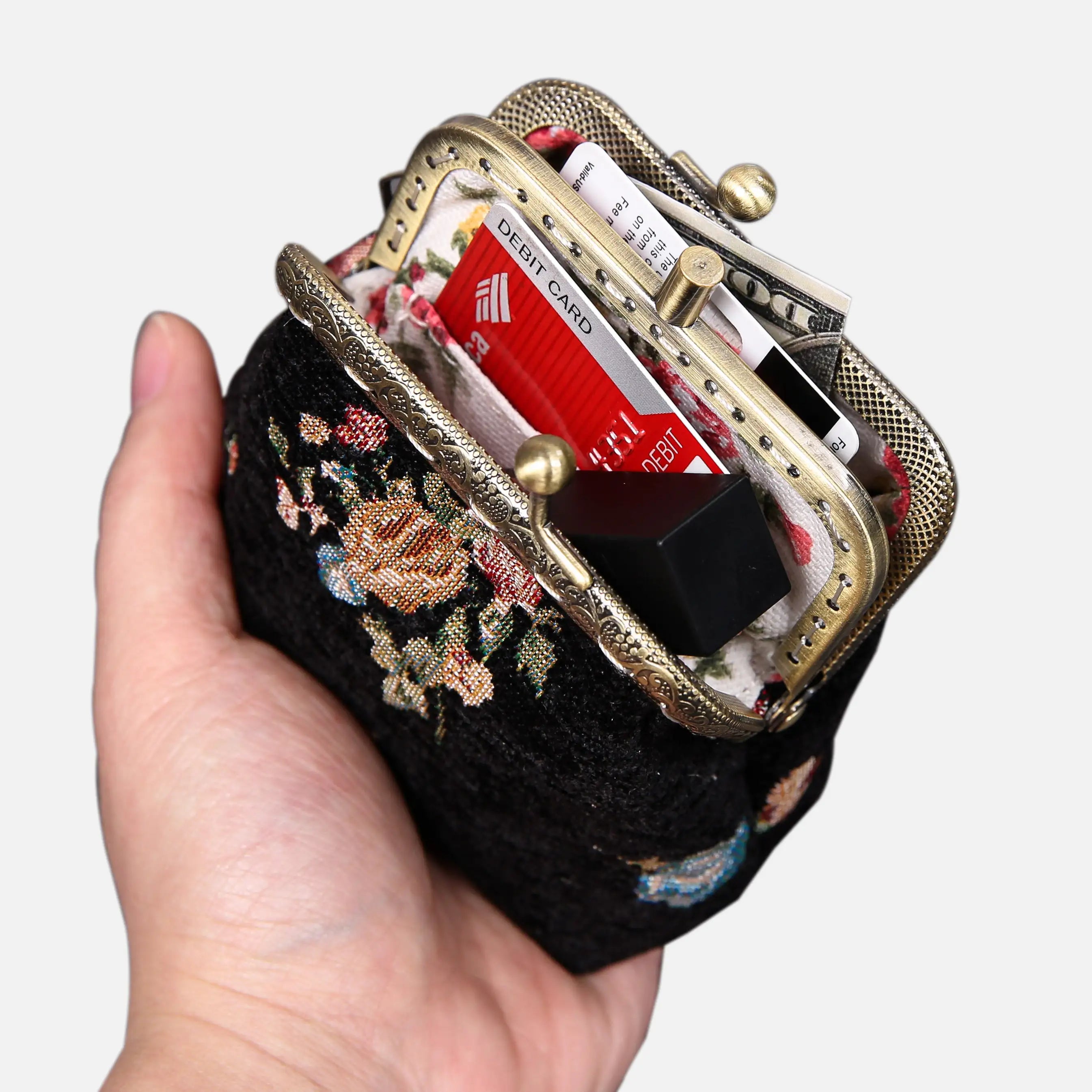 Bouquets Black Double Kiss Clasp Coin Purse of America in use-1