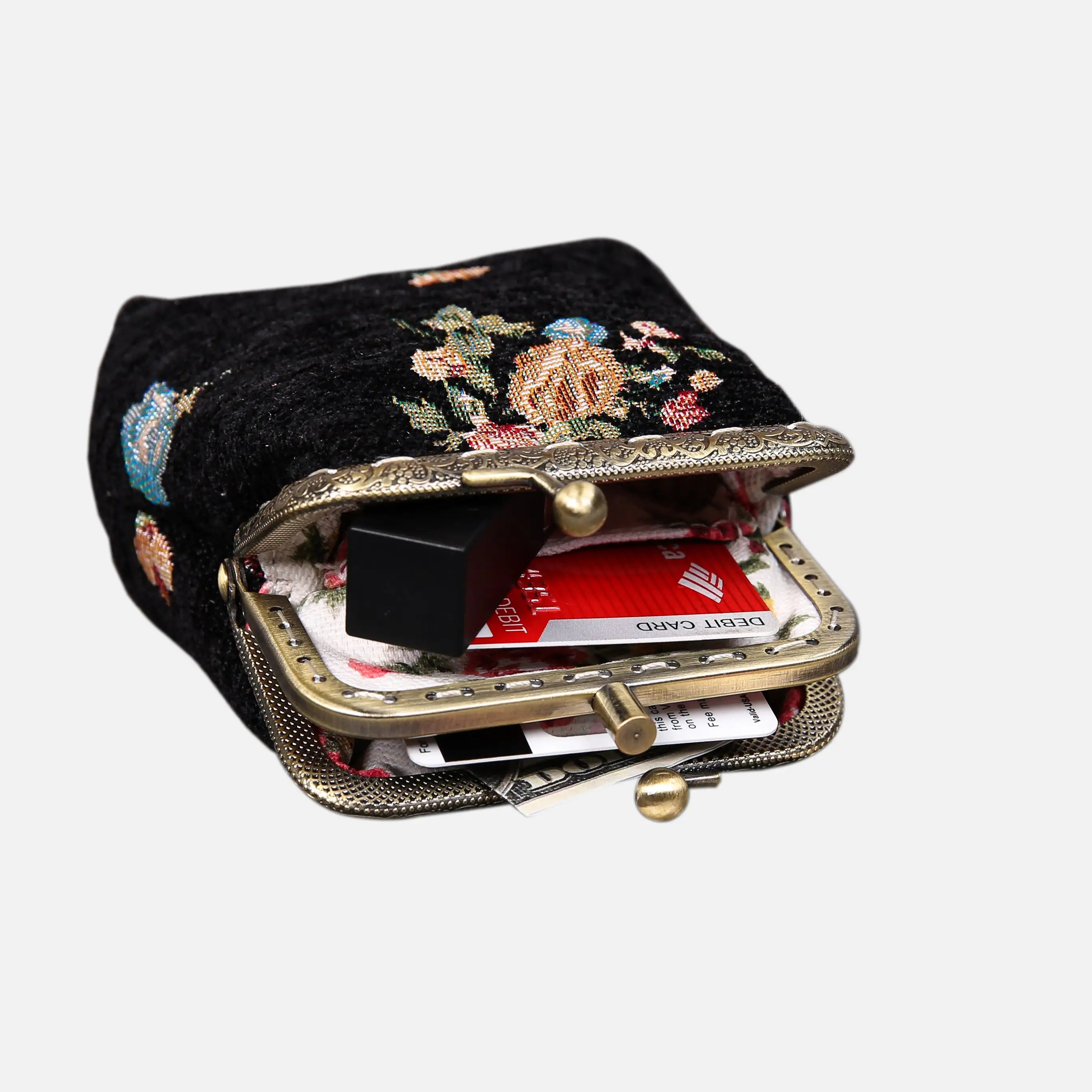 Bouquets Black Double Kiss Clasp Coin Purse of America in use-3