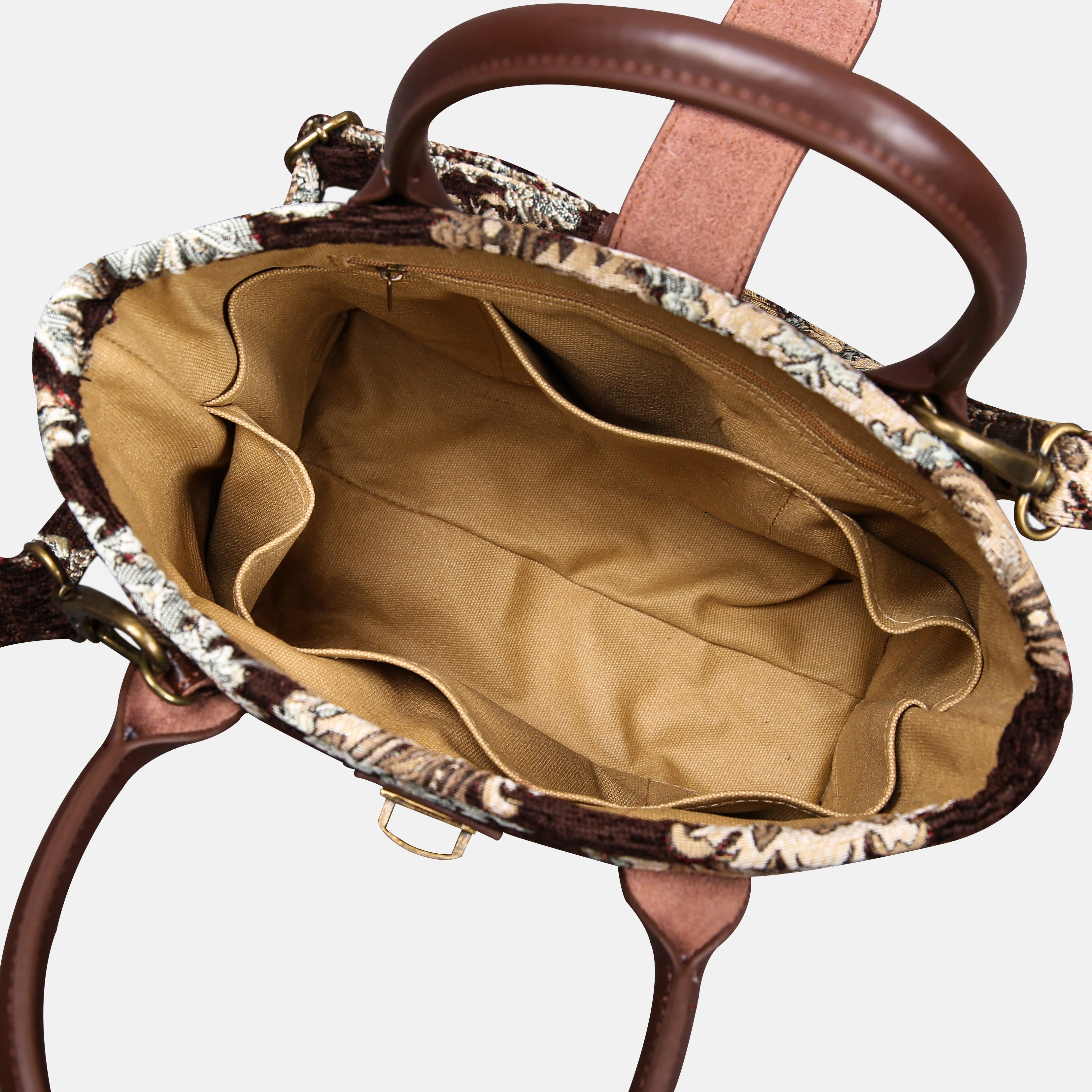 Brocade Brown Tuck Lock Carpet Satchel carpet bag MCW Handmade of America inside
