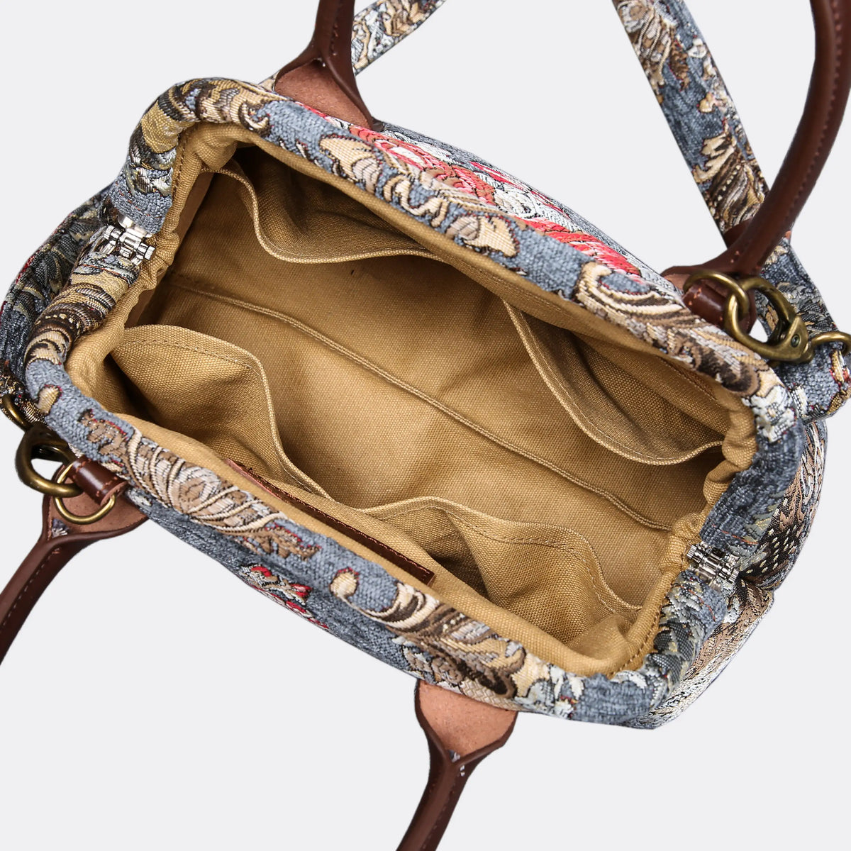 Brocade Grey Carpet Satchel carpet bag MCW Handmade of America open