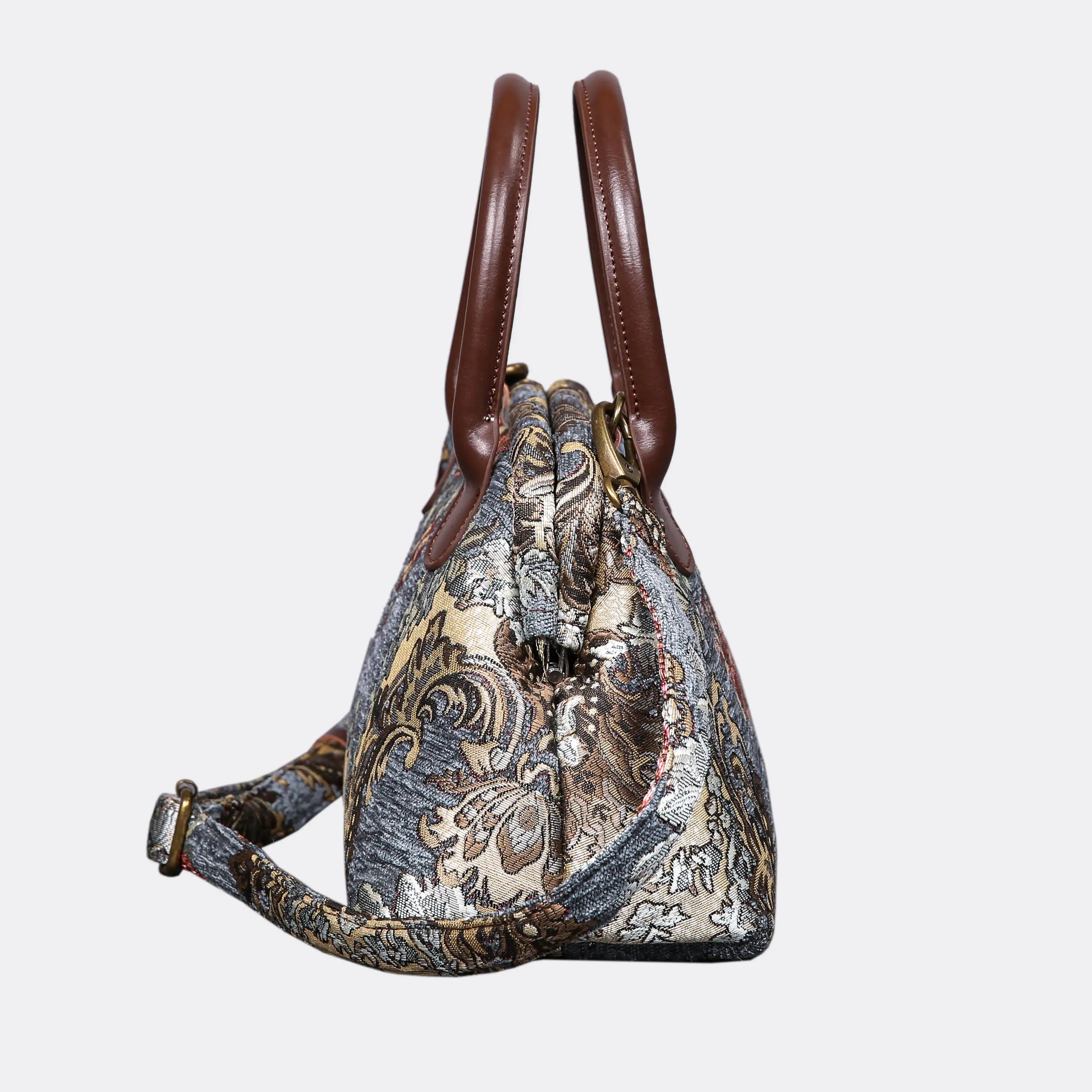 Brocade Grey Carpet Satchel carpet bag MCW Handmade of America side