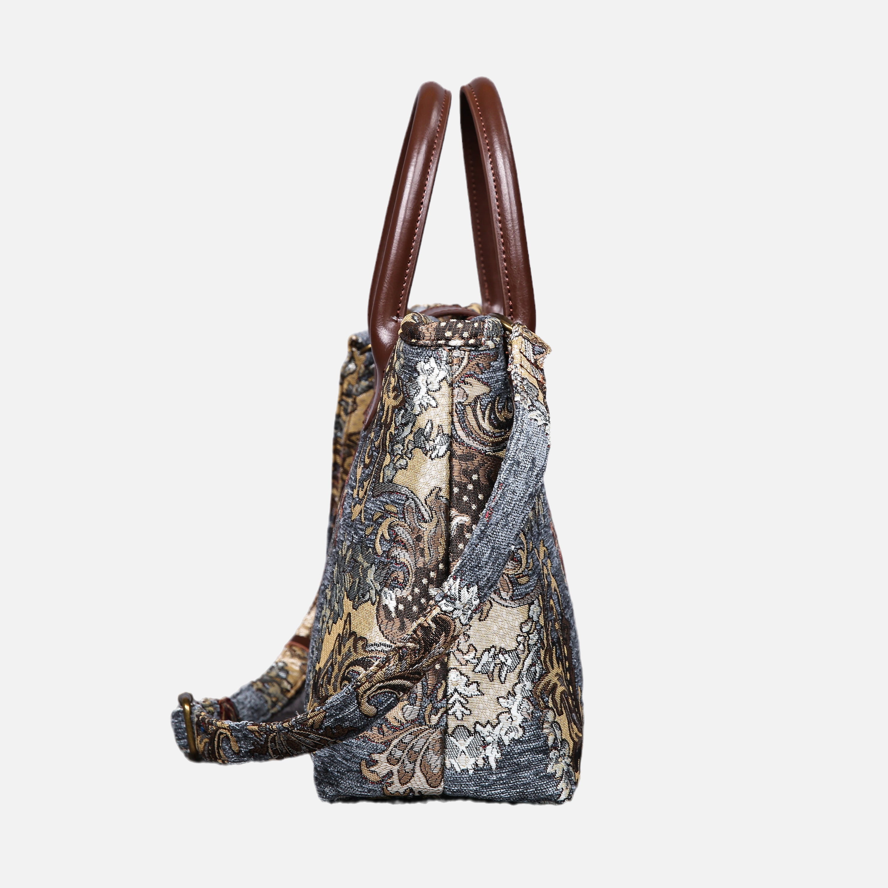 Brocade Grey Tuck Lock Carpet Satchel carpet bag MCW Handmade of America side