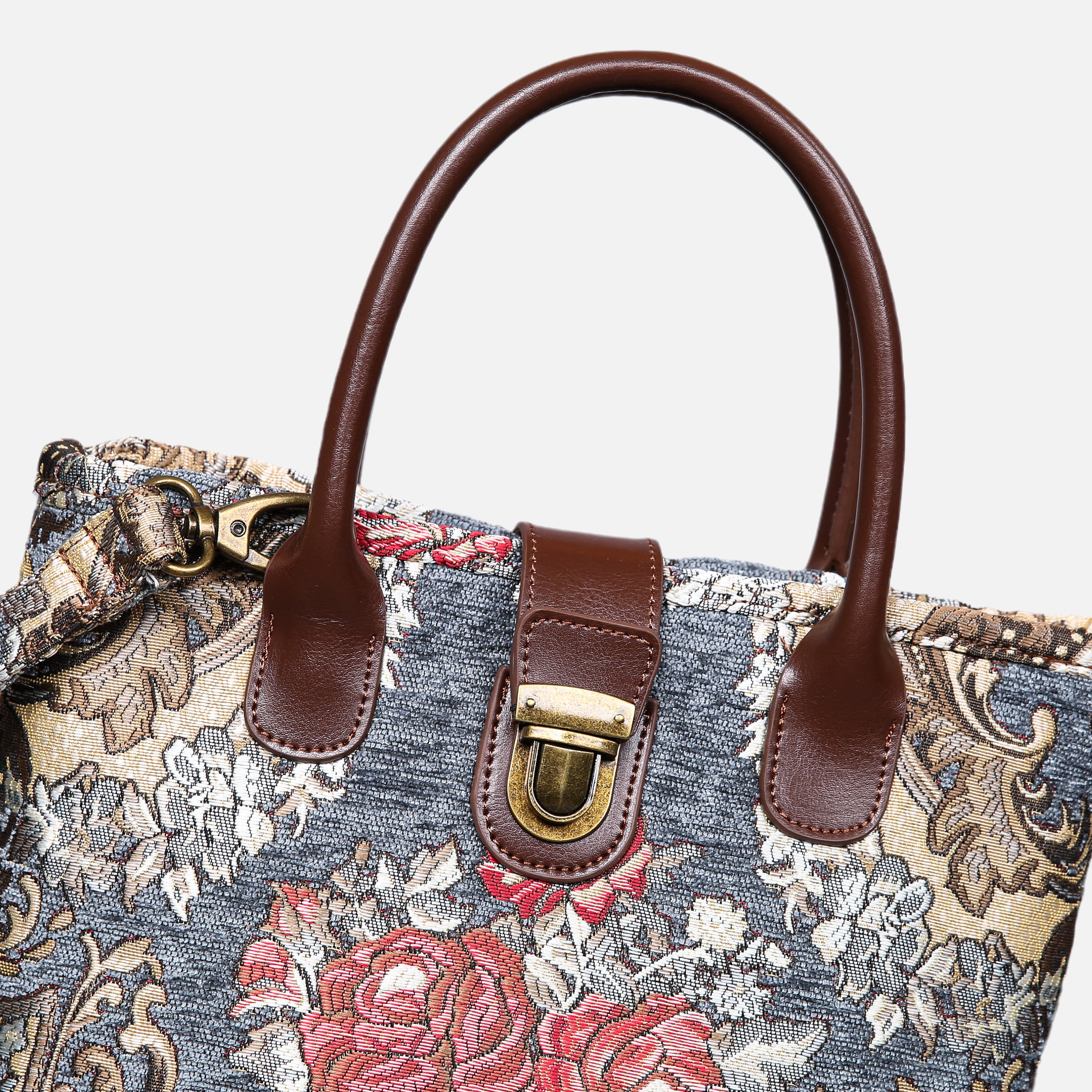 Brocade Grey Tuck Lock Carpet Satchel carpet bag MCW Handmade of America details