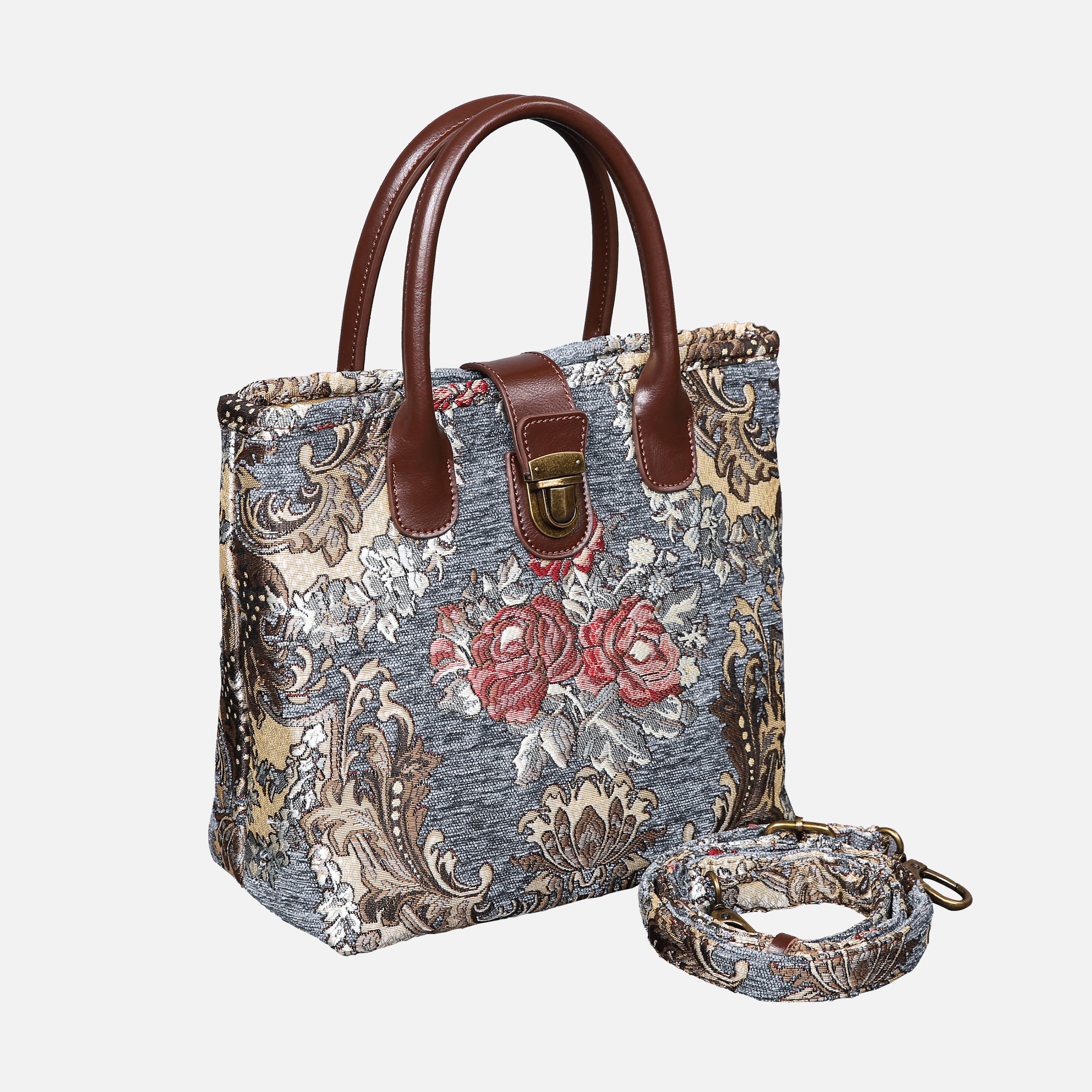 Brocade Grey Tuck Lock Carpet Satchel carpet bag MCW Handmade of America with strap